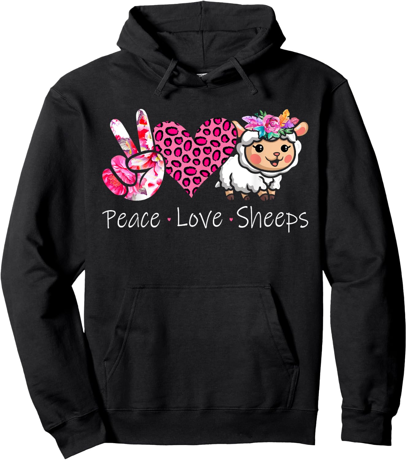 Peace Love Sheeps Peace Hand Sign Heart Floral Sheep Farmer Hoodie - Hoodie | Black