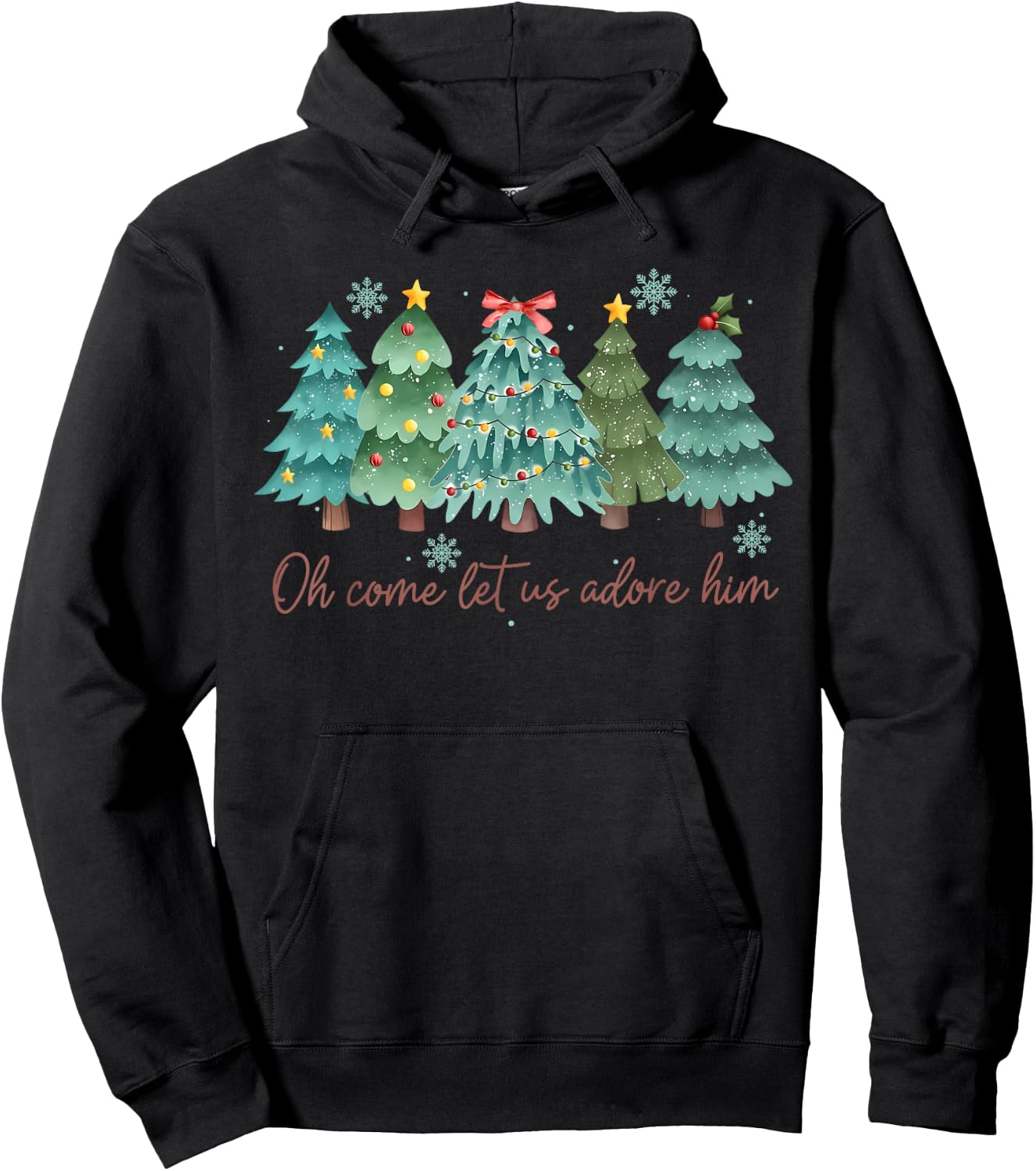 Oh Come Let US Adore Him Funny Christian Christmas Tree Bow Hoodie - Hoodie | Black