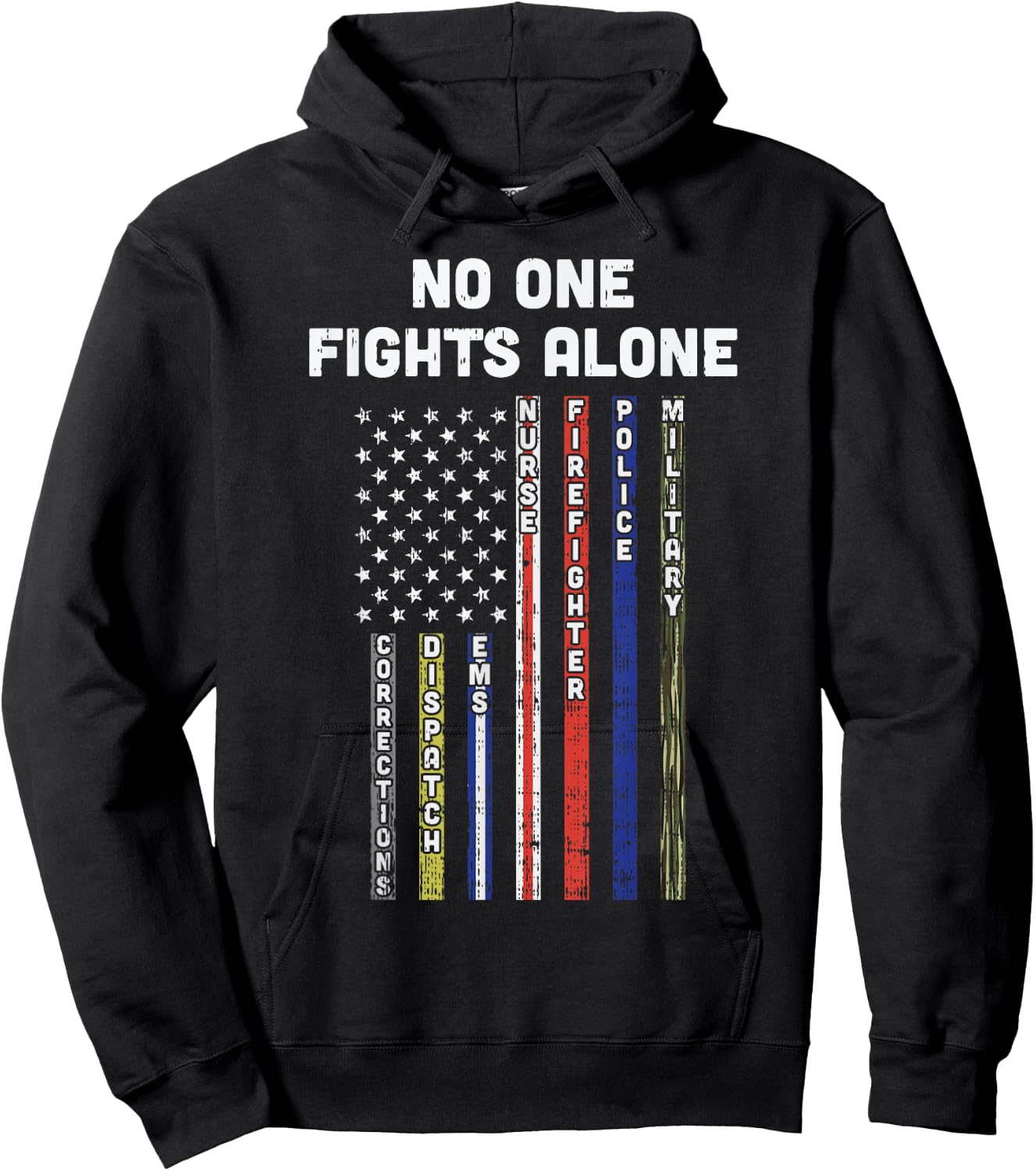 No One Fights Alone Thin Red Blue Lines USA Flag 4th Of July Hoodie - Hoodie | Black