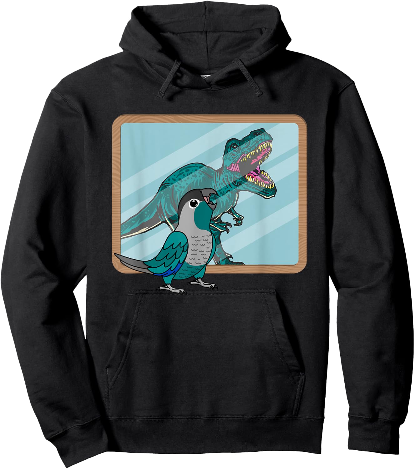 Funny Birds Gifts for Birders and Bird Breeders Parrot & T Rex Reflection I Turquoise Green Cheek Conure Hoodie - Hoodie | Black