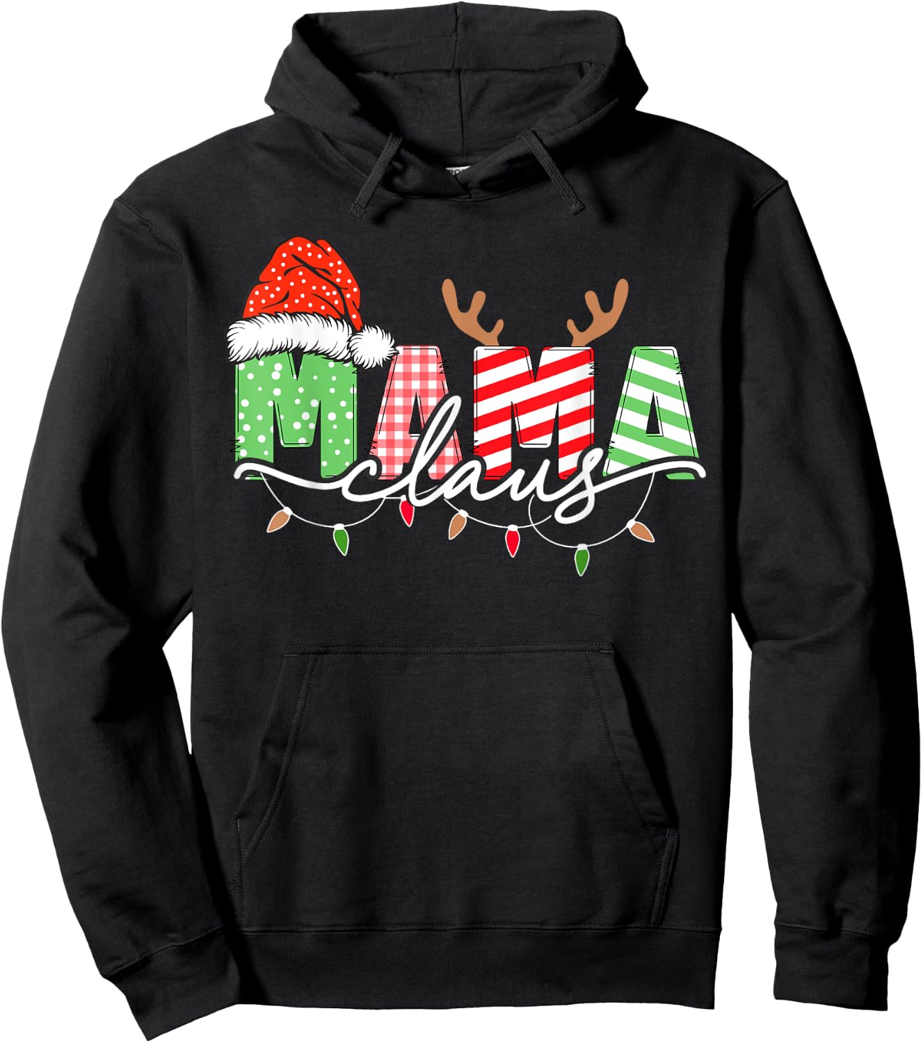 Mama Claus Xmas Christmas Lights Pajama Family Matching Hoodie - Hoodie | Black