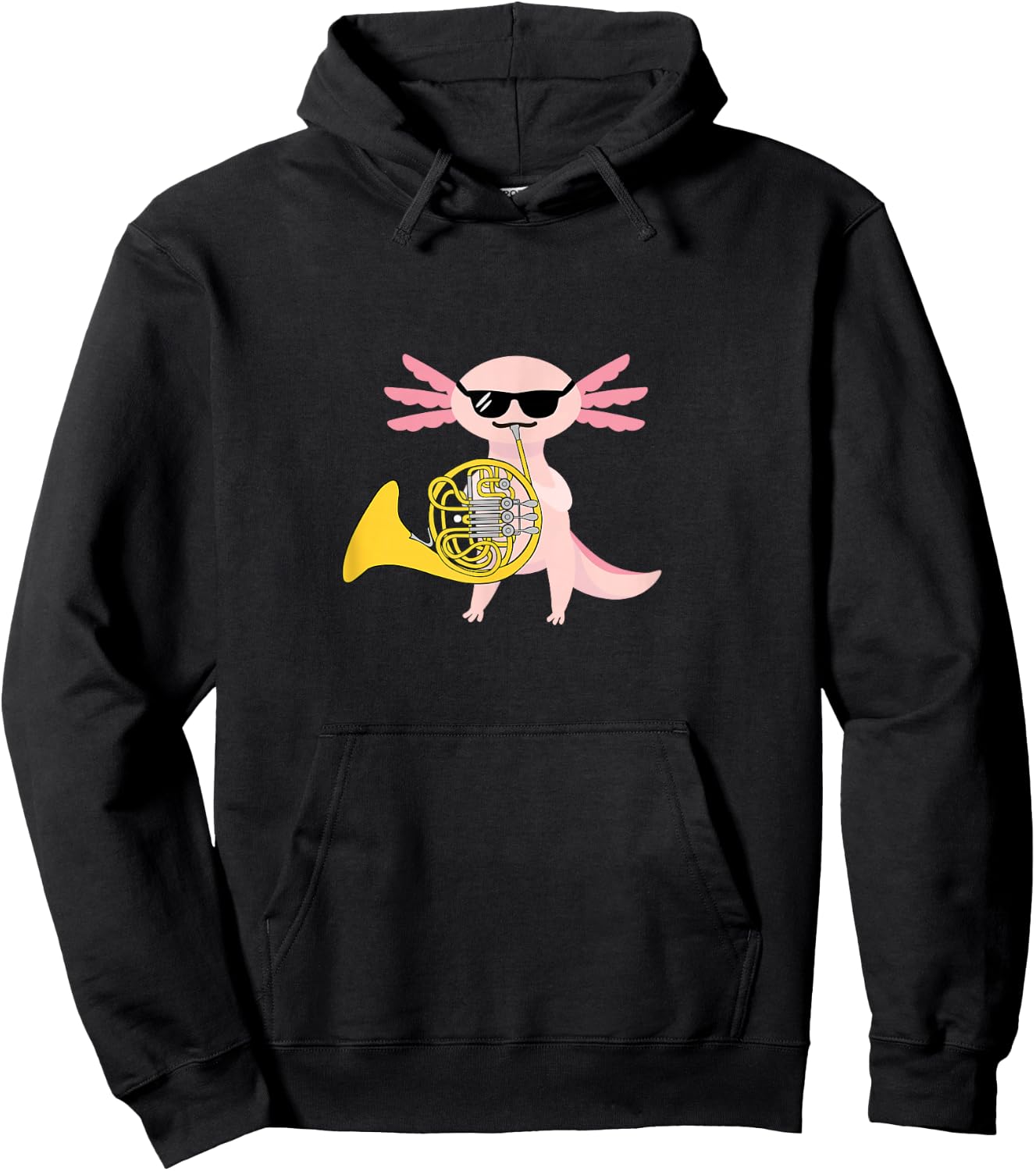 Funny Axolotl Wearing Sunglasses Playing French Horn Hoodie - Hoodie | Black