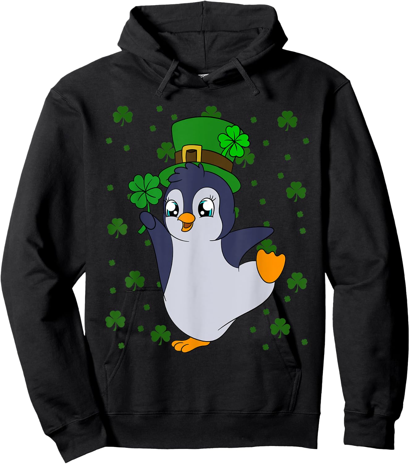 Cute Penguin Shamrocks Saint Patrick's Day Penguin Hoodie - Hoodie | Black