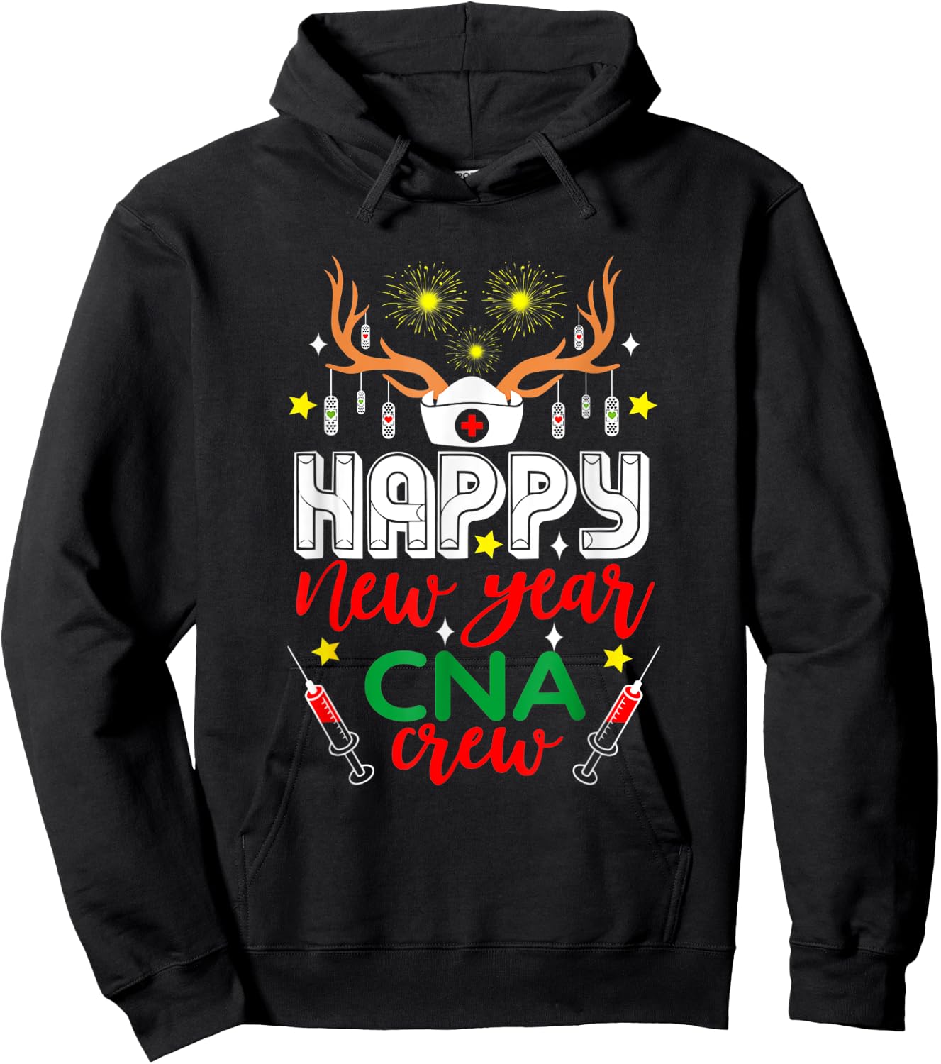 Funny Reindeer Horn Nurse Christmas Happy New Year CNA Crew Hoodie - Hoodie | Black