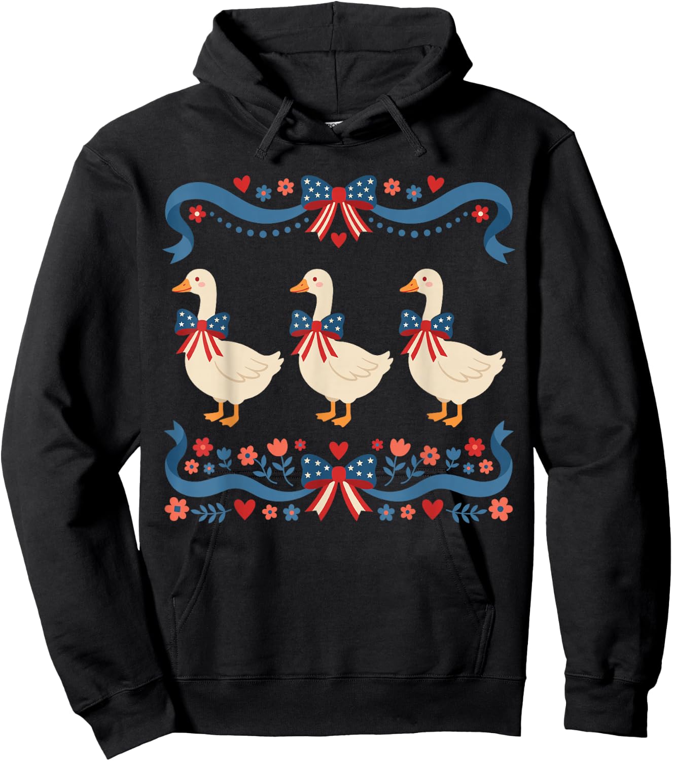 Patriotic Goose 4th of July Cute USA Vintage Coquette Bow Hoodie - Hoodie | Black