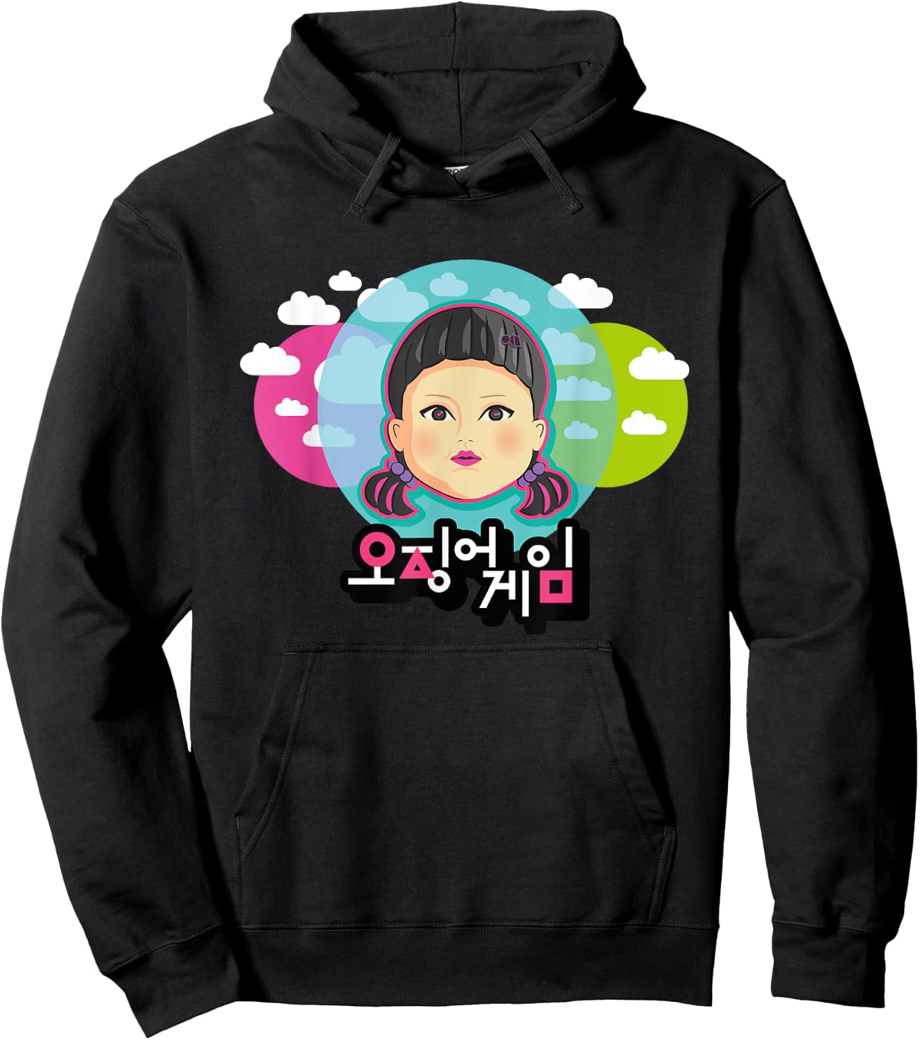 Squid Game Doll with clouds face Light Red Light Green , grey, S Hoodie - Hoodie | Black