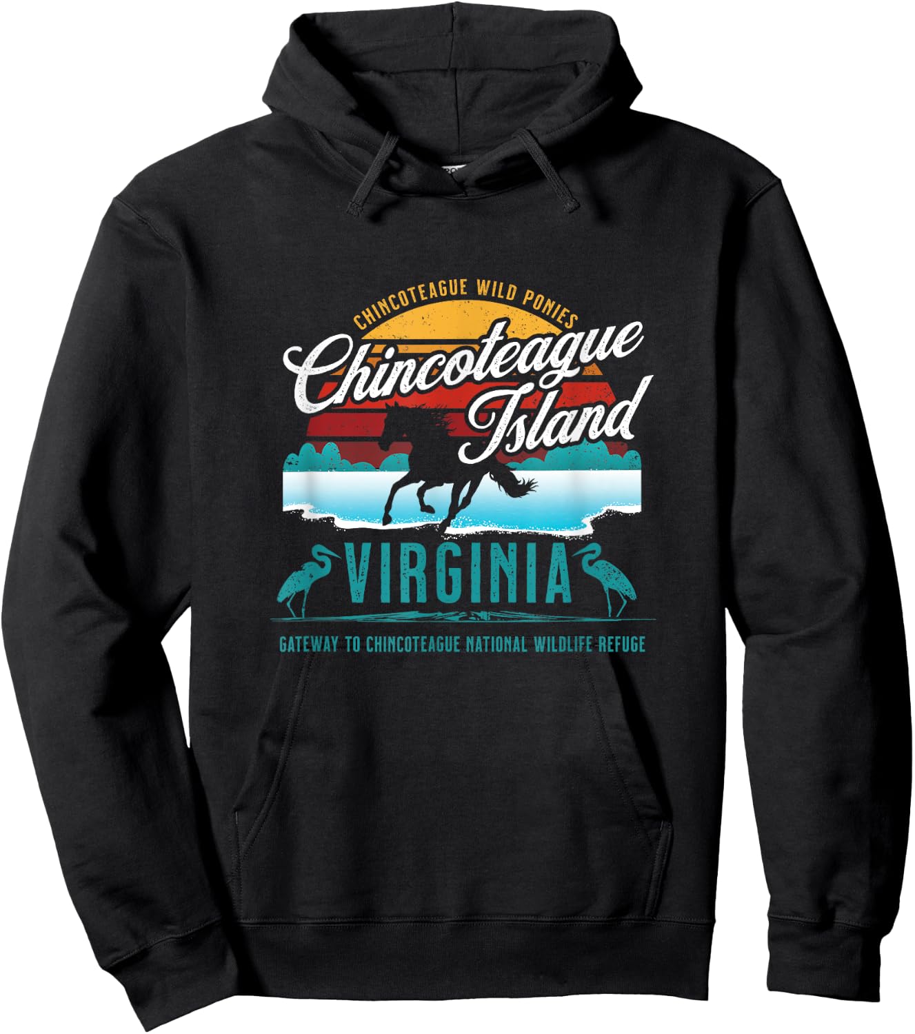 Chincoteague Island Virginia Wild Ponies Retro Sun Souvenir Hoodie - Hoodie | Black
