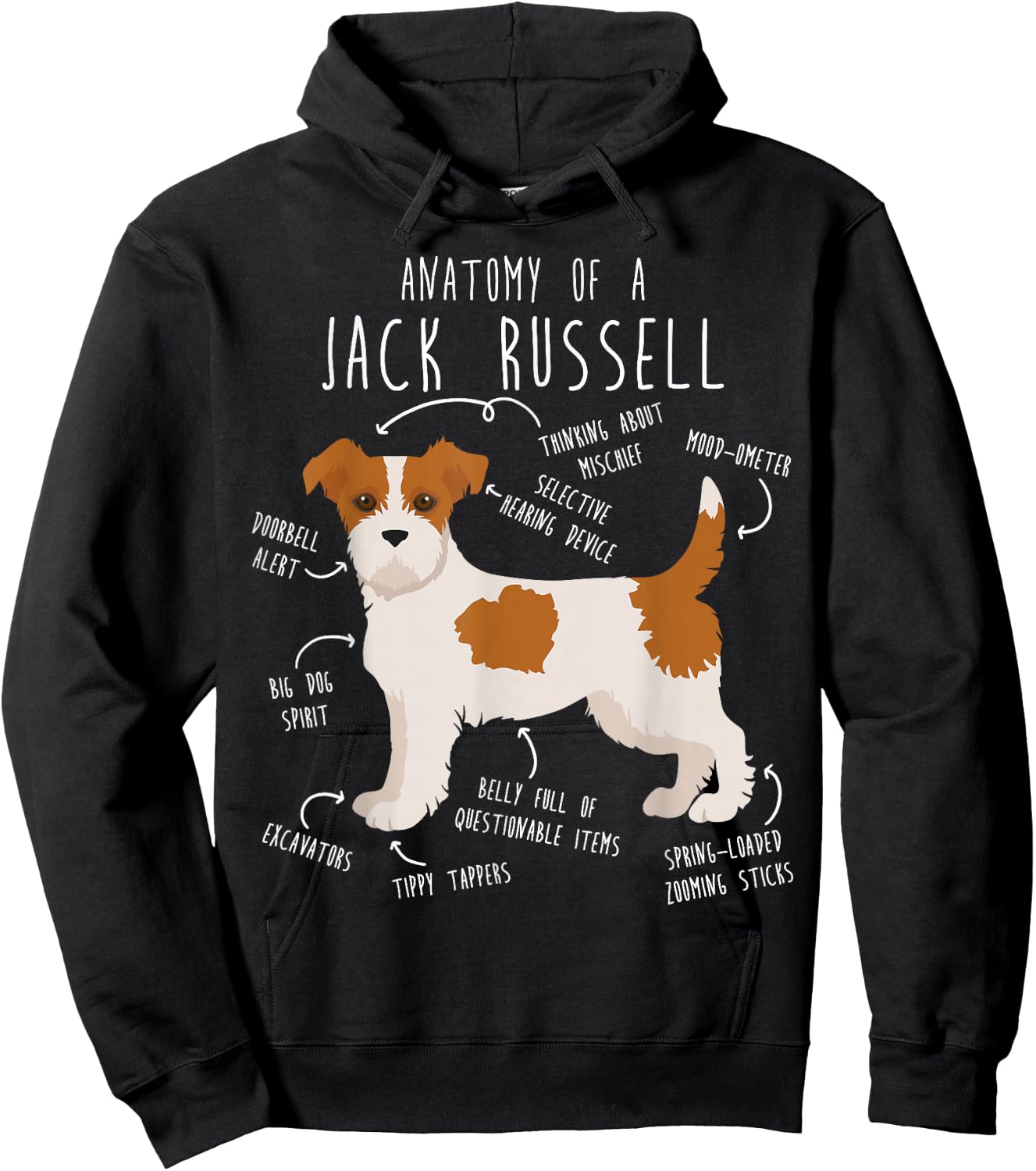 Broken Coat Jack Russell Terrier Anatomy, Cute Funny Pet JRT Hoodie - Hoodie | Black