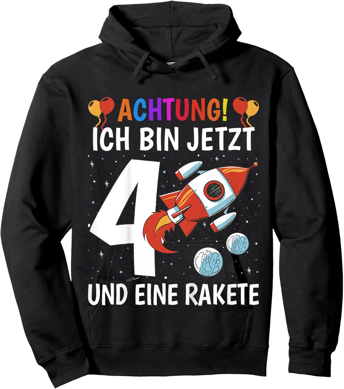 Children's 4th Birthday Boys 4 Years - Planets Space Rocket , black Hoodie - Hoodie | Black