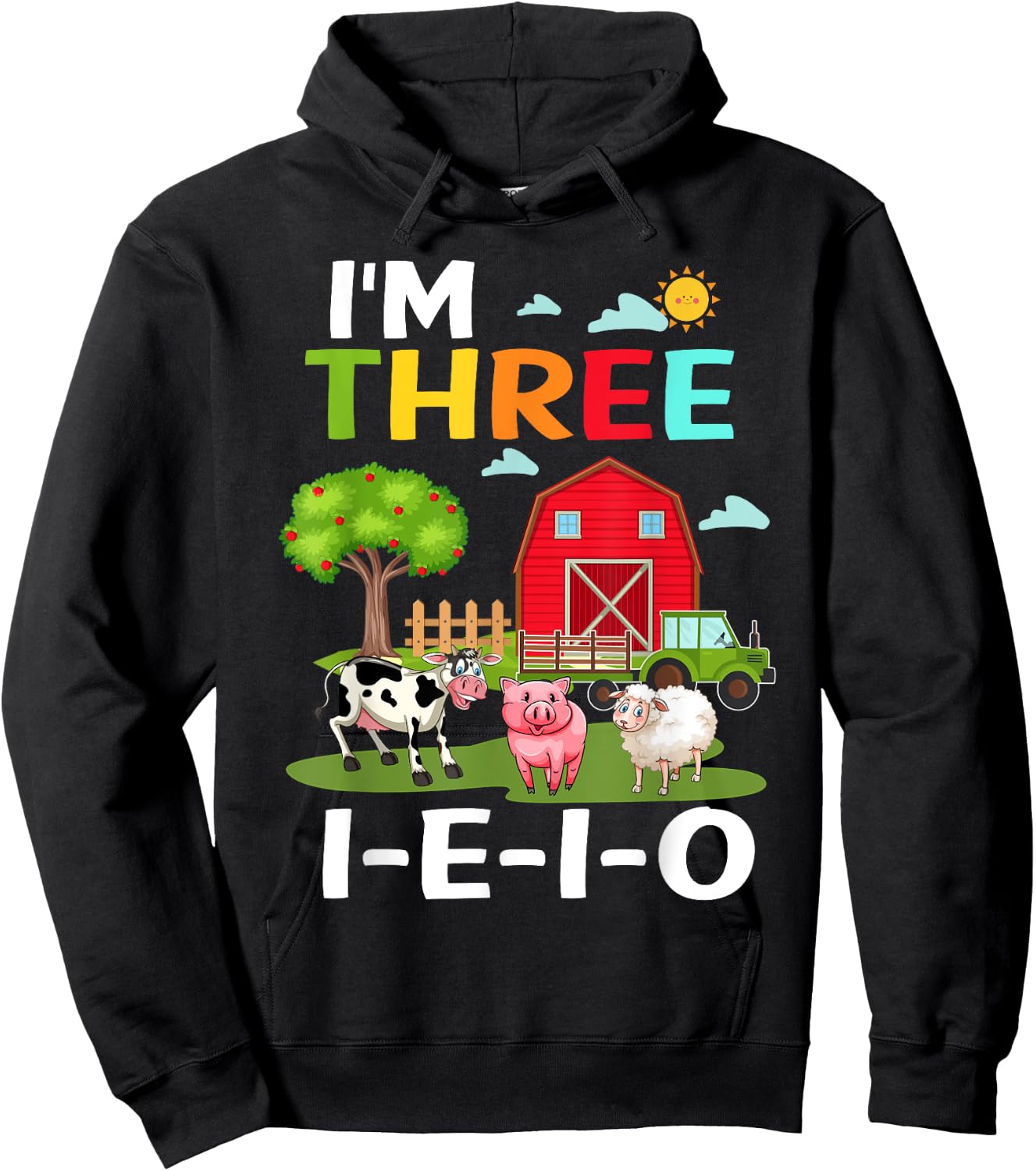 Three I E I O Farm Party 3rd Bday Girl 3 Years Old Farmer Hoodie - Hoodie | Black