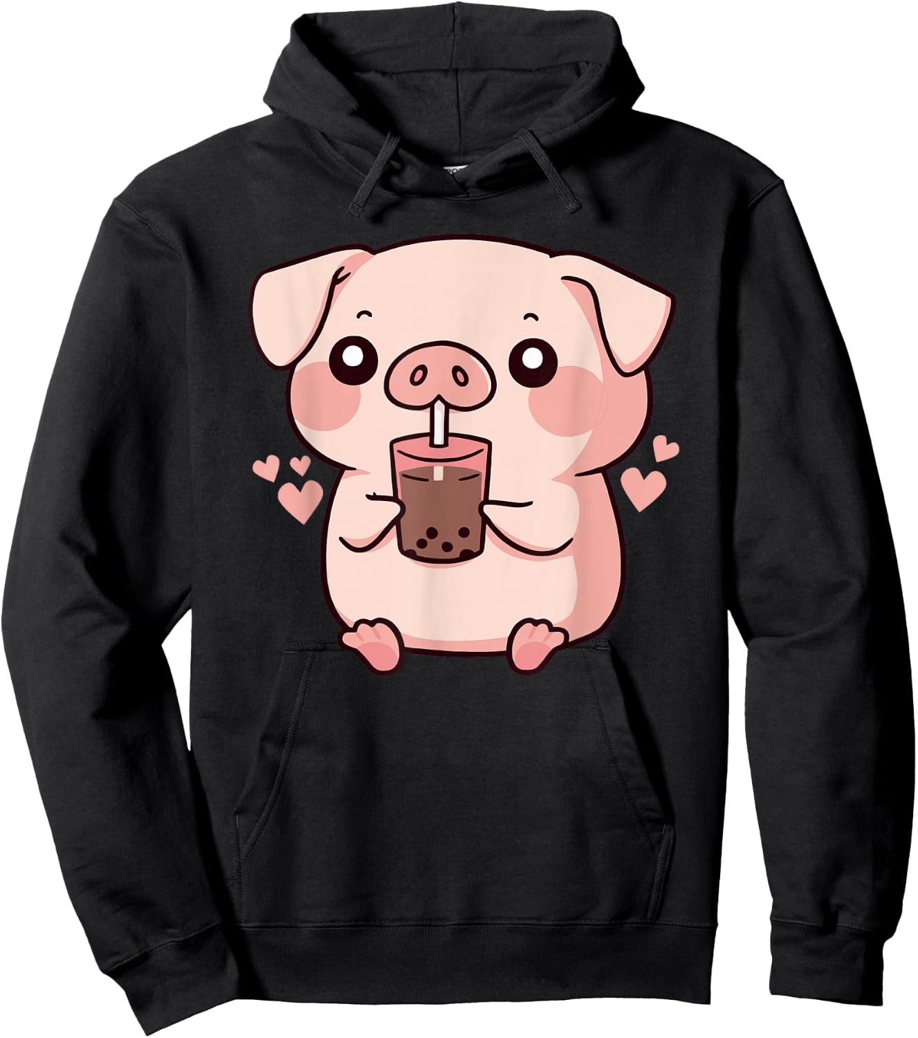 Cute kawaii cartoon pig drinking bubble tea Hoodie - Hoodie | Black