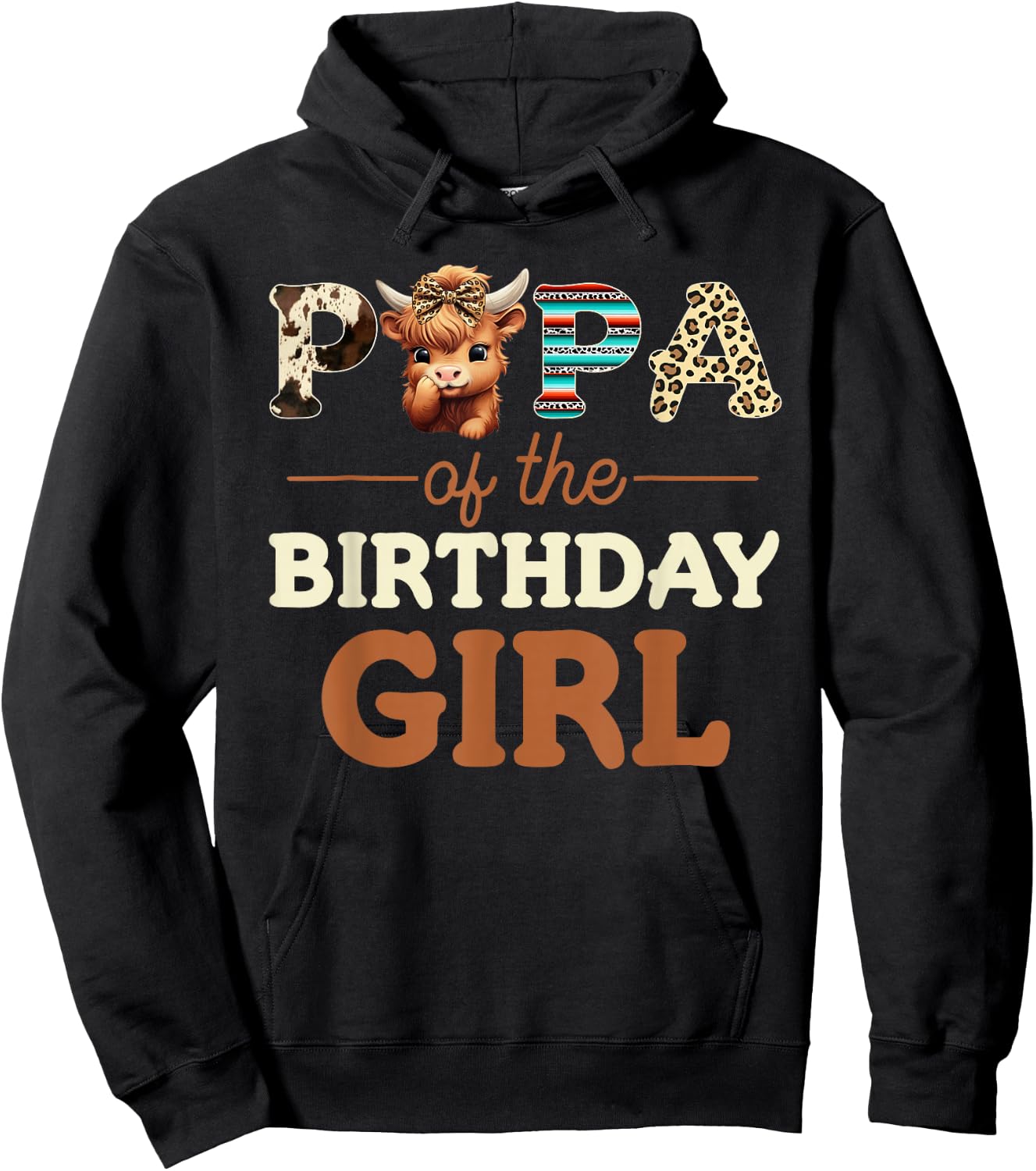 Papa of The Birthday Girl Highland Cow Print First Bday Hoodie - Hoodie | Black