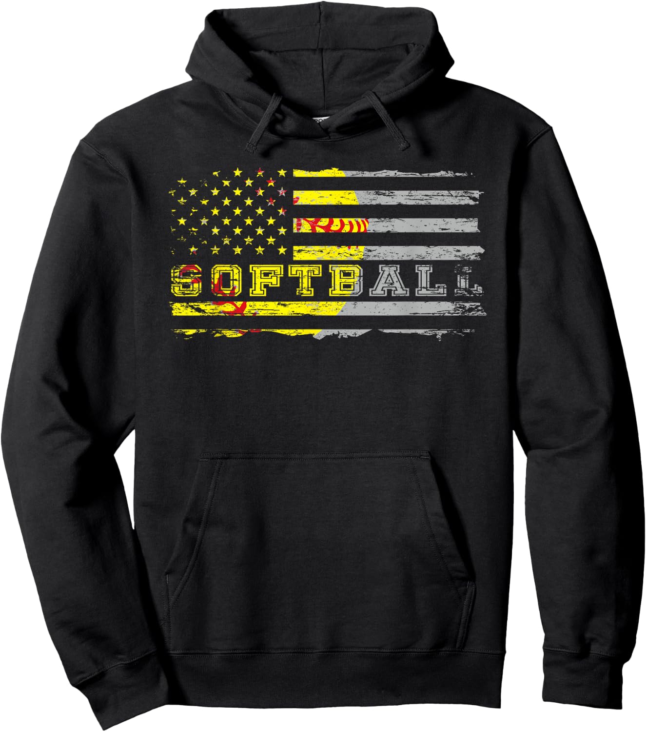 American Flag Softball Fan Team Distressed Gift Women Girls Kids Men Hoodie - Hoodie | Black