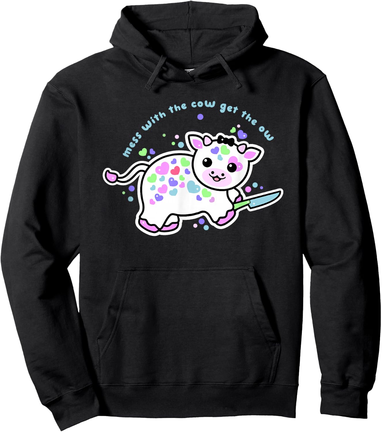 Mess With The Cow Get The Ow Cartoon Cow Hoodie - Hoodie | Black