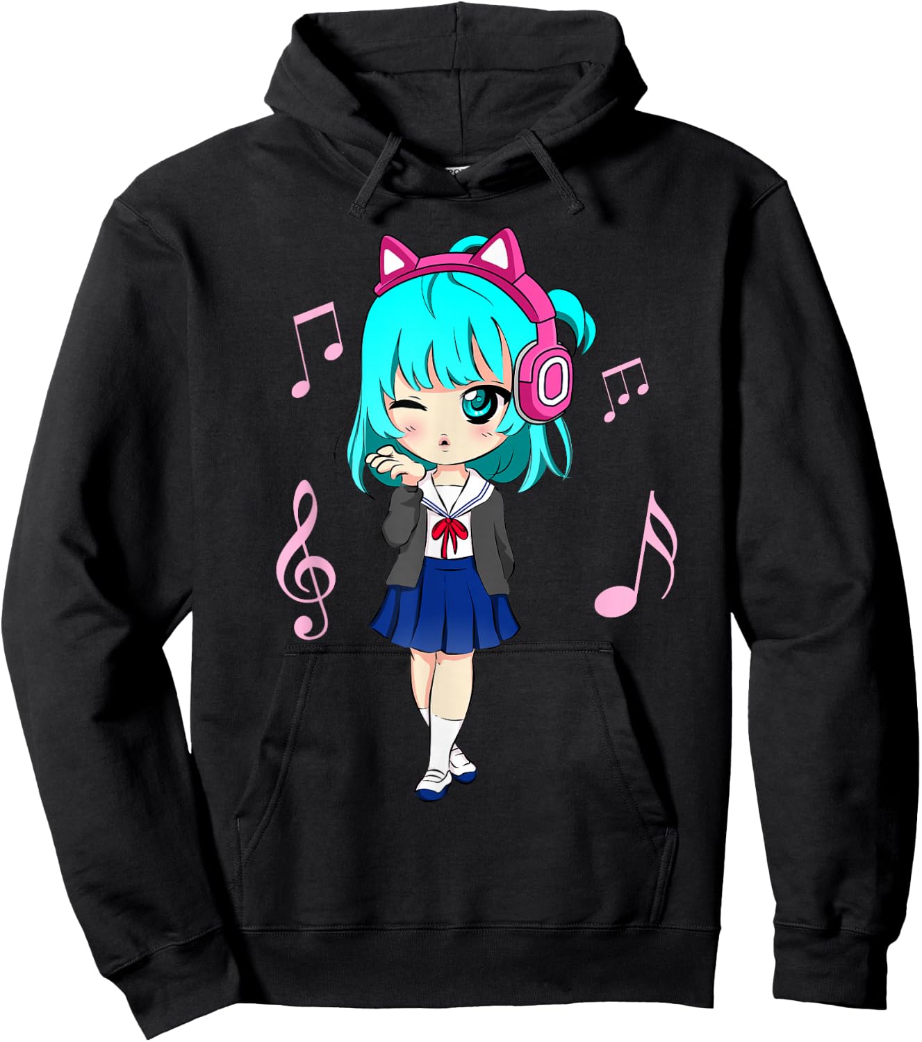 Funny Anime and Music Girl for Teen Chibi Graphic Anime Girl Small Hoodie - Hoodie | Black