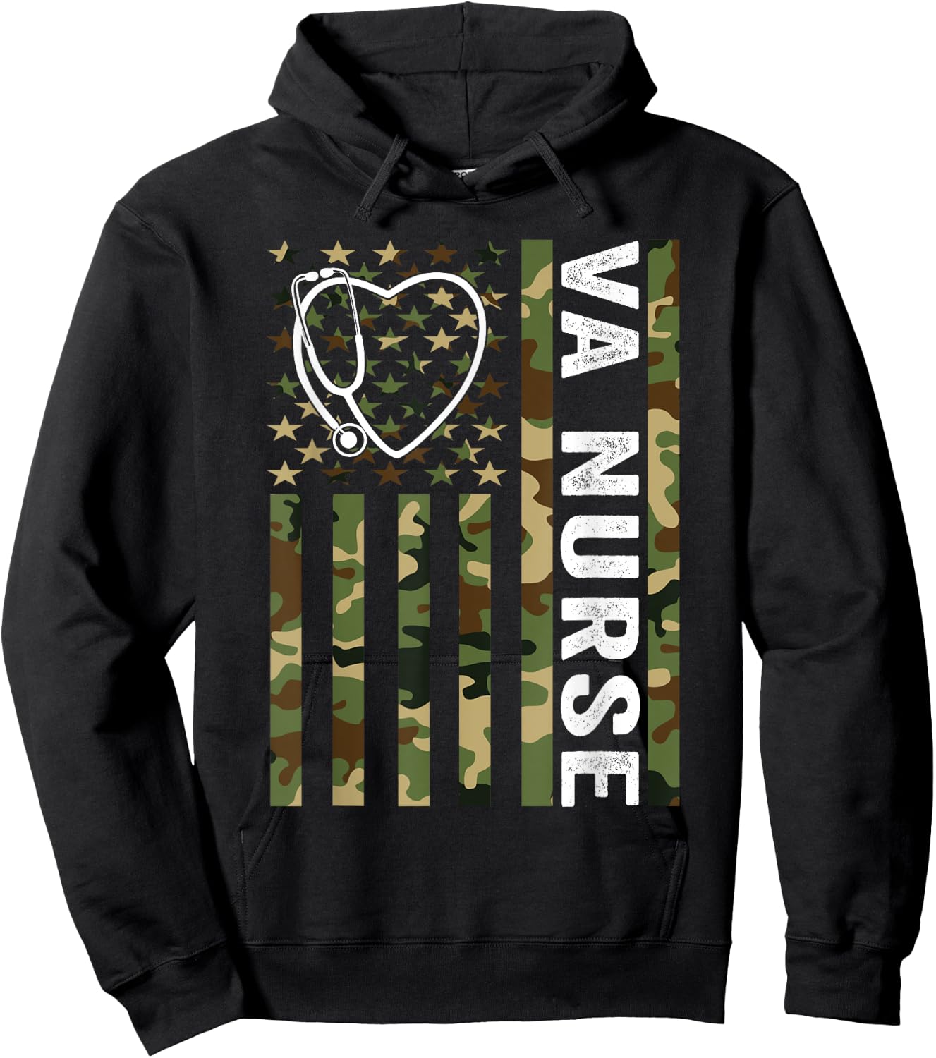 VA Nurse Camouflage American Flag Patriotic Medical Worker Hoodie - Hoodie | Black