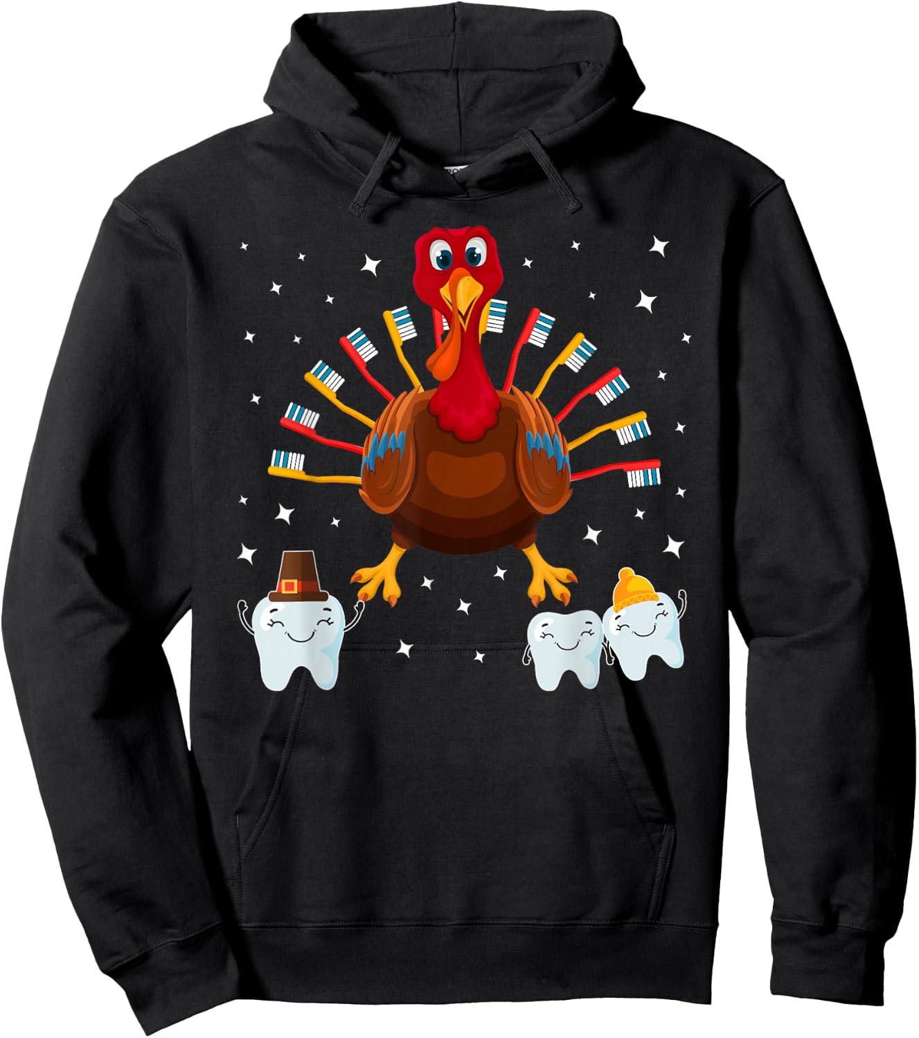 Happy Thanksgiving Cute Turkey Teeth Toothbrush Dental Hoodie - Hoodie | Black