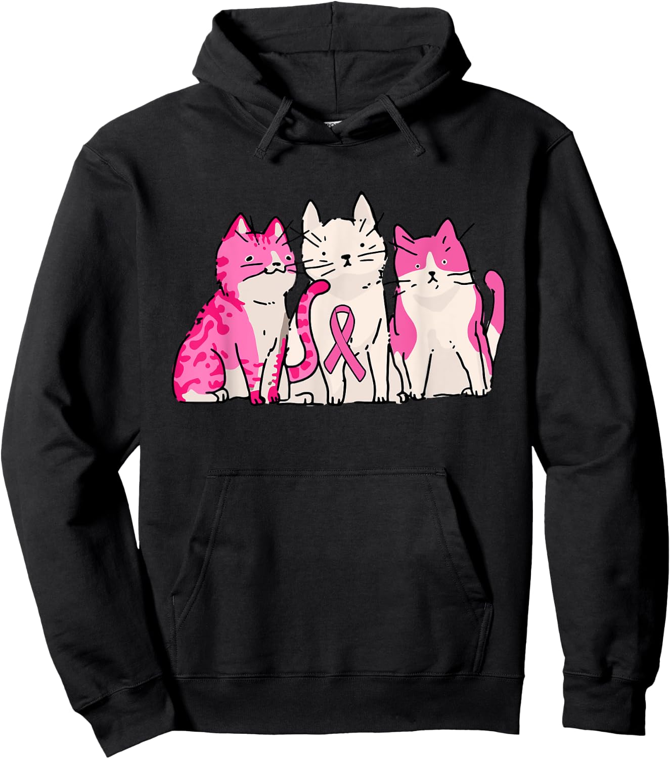 Cat Pink Ribbon Breast Cancer Awareness Cute Kitten Kitty Hoodie - Hoodie | Black