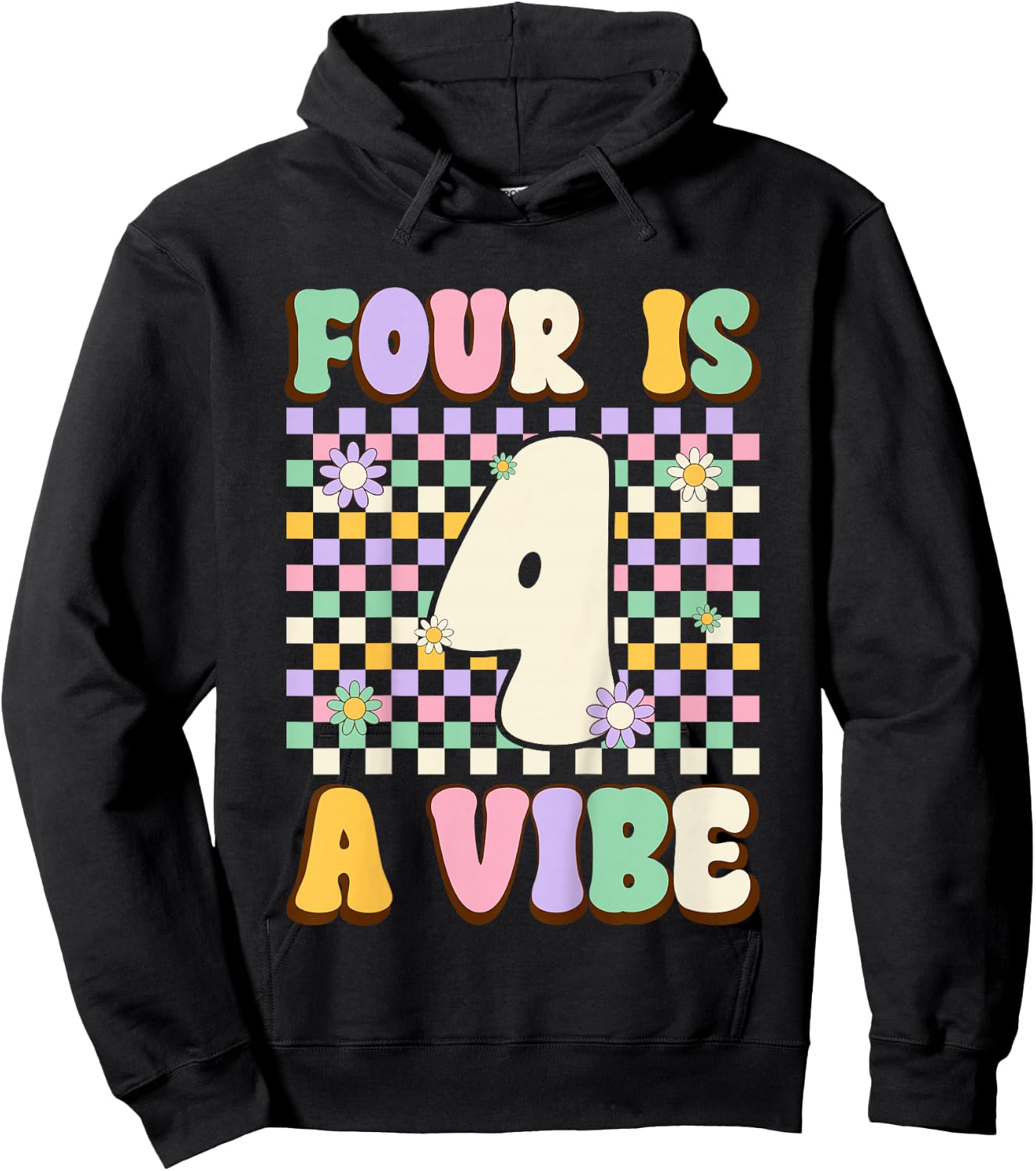 Kids Four Is A Vibe Groovy 4 Years Old 4th Birthday Party Kids Hoodie - Hoodie | Black