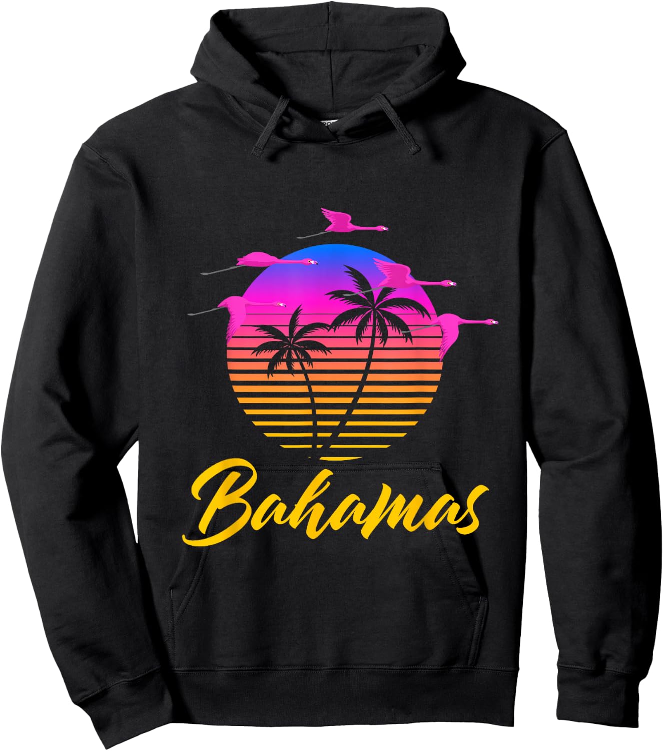Bahamas Caribbean Retro Sunset Palm Tree Flamingo Vacation Hoodie - Hoodie | Black
