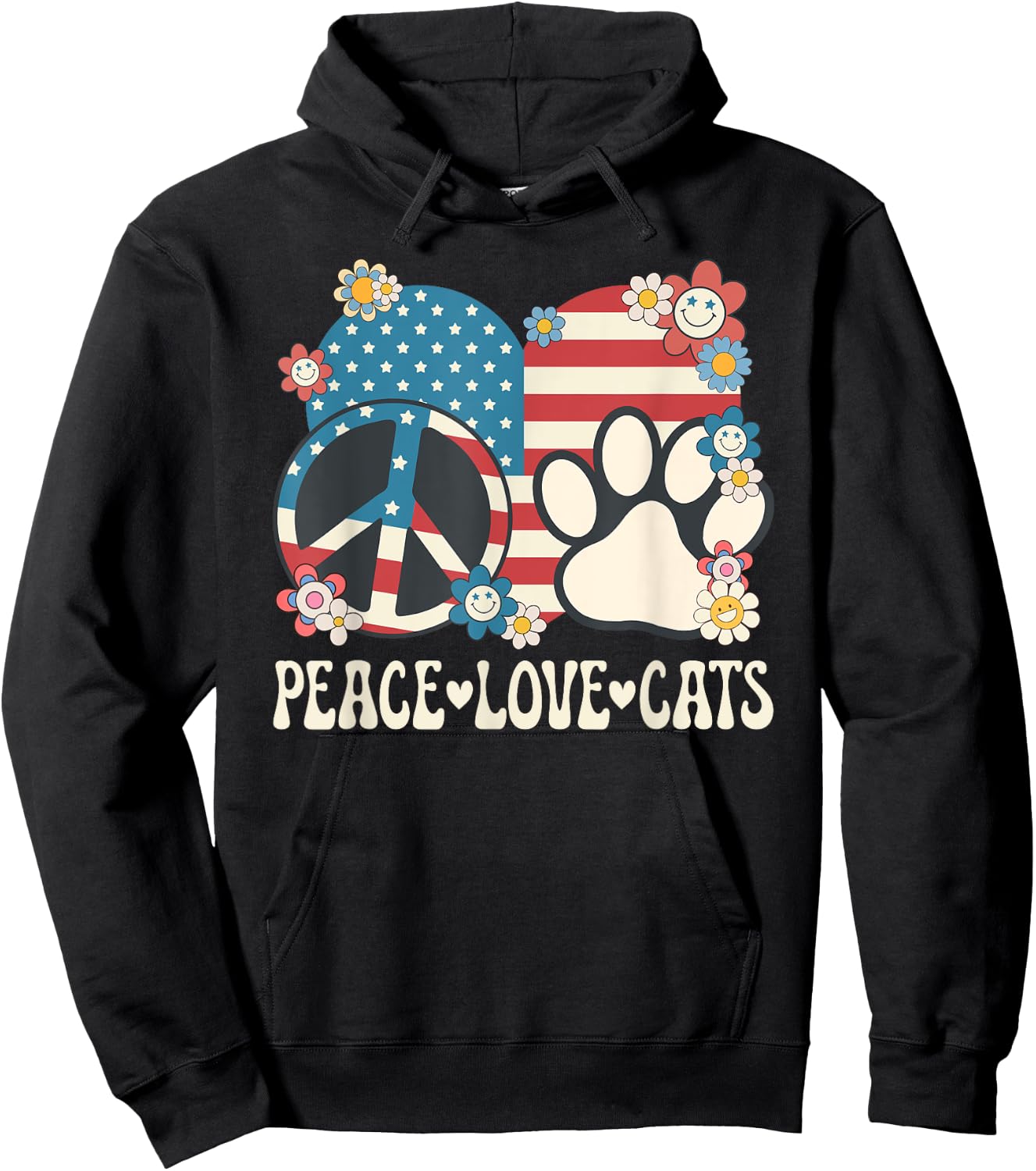Peace Love Cats American Flag Patriotic Cat Lover Retro Cat Women Girls Kids Hoodie - Hoodie | Black