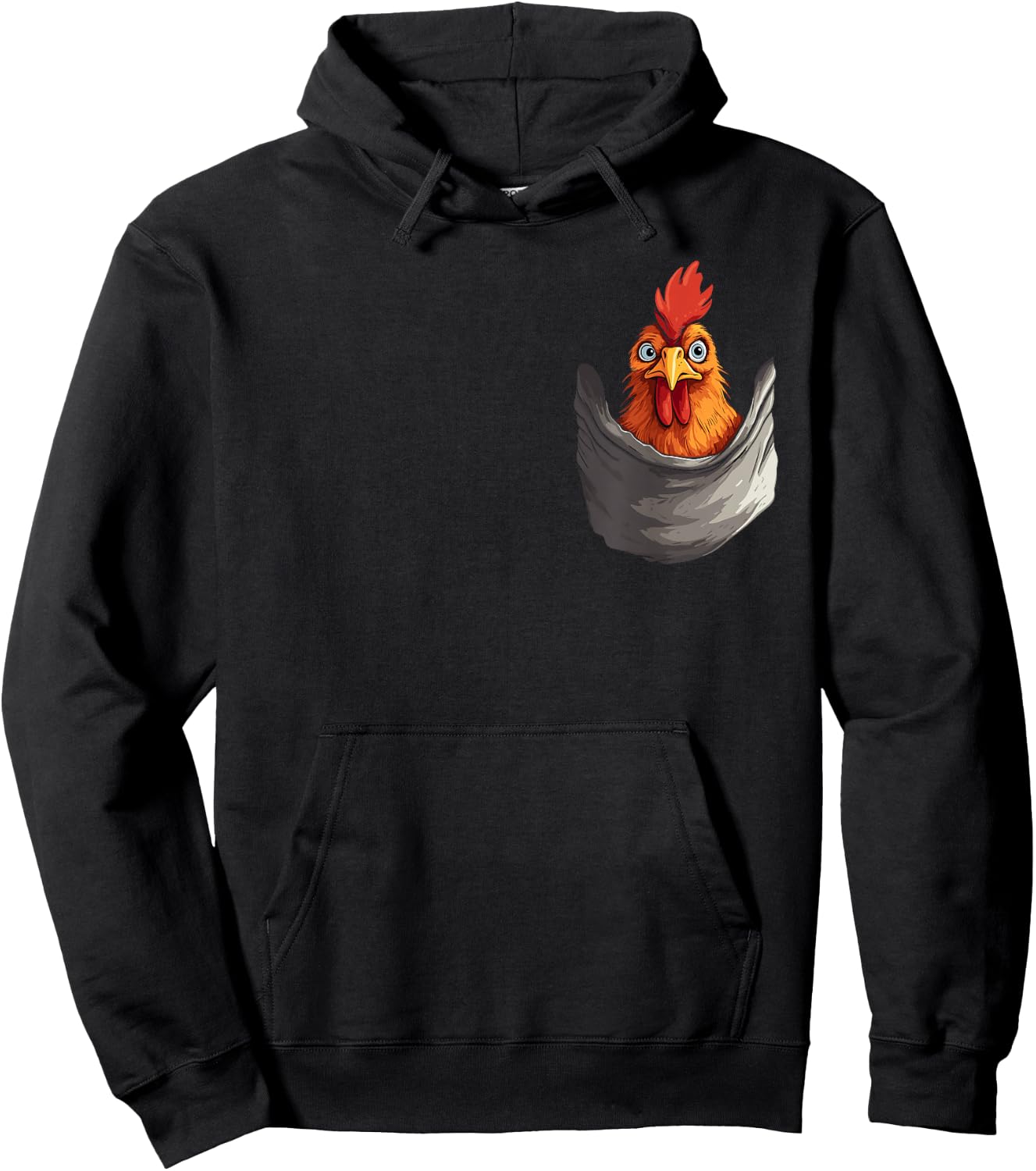 Fun print with hen in pocket, rooster, hen and farmer , Black, S Hoodie - Hoodie | Black