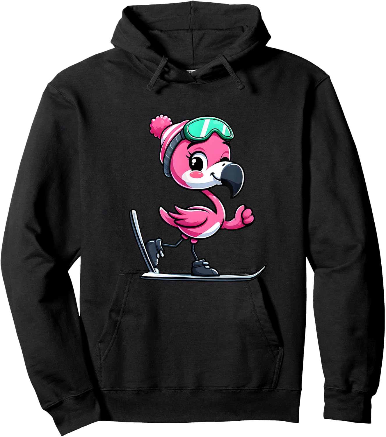 Comic Flamingo Skier Hoodie - Hoodie | Black