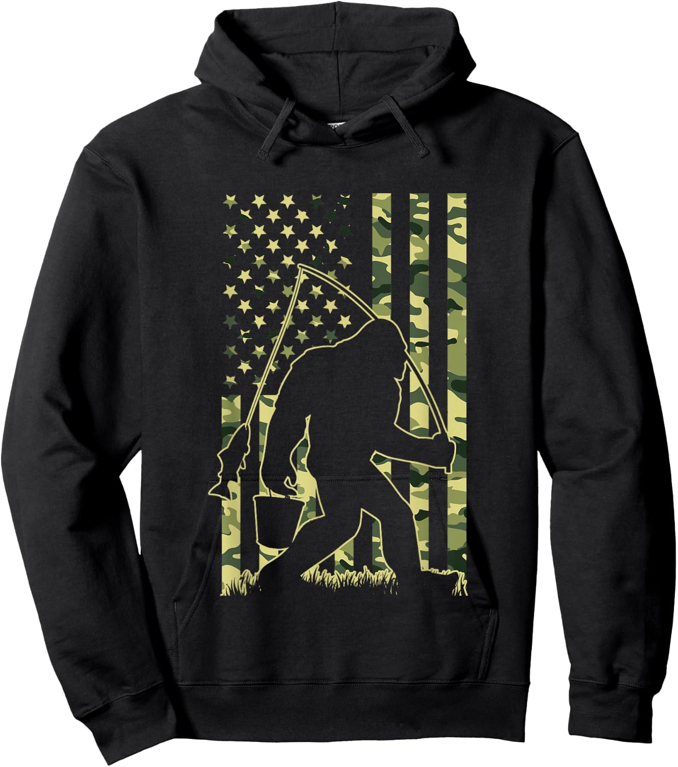 Bigfoot Fishing with Camo American Flag Funny Fisherman Hoodie - Hoodie | Black