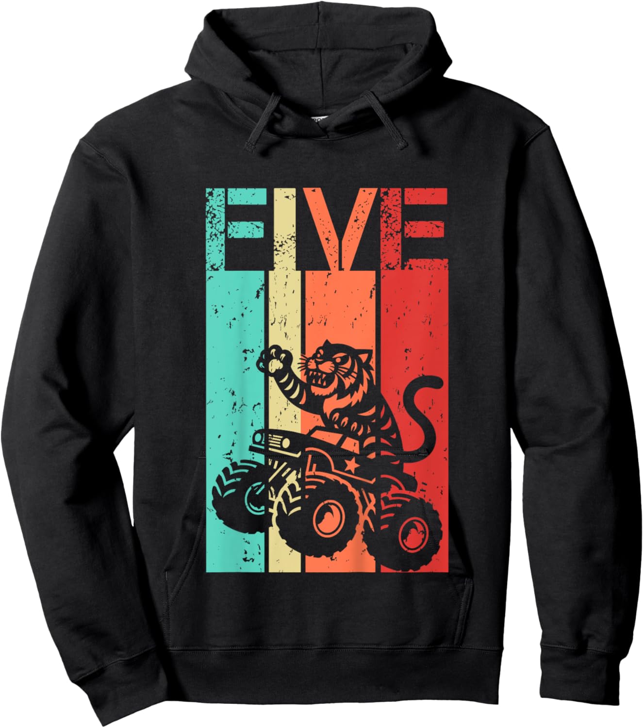 5th Birthday Boy Girl 5 Year Old Tiger And Monster Truck Hoodie - Hoodie | Black