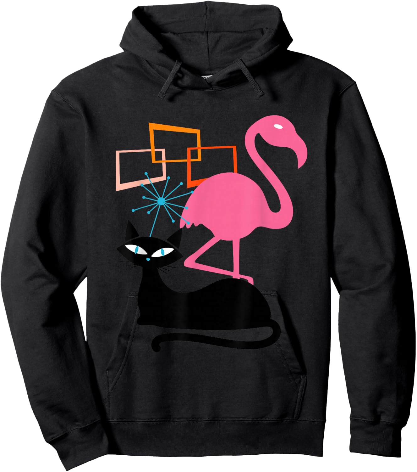 Flamingo and Cat Midcentury Mid Century Stardust Modern Hoodie - Hoodie | Black