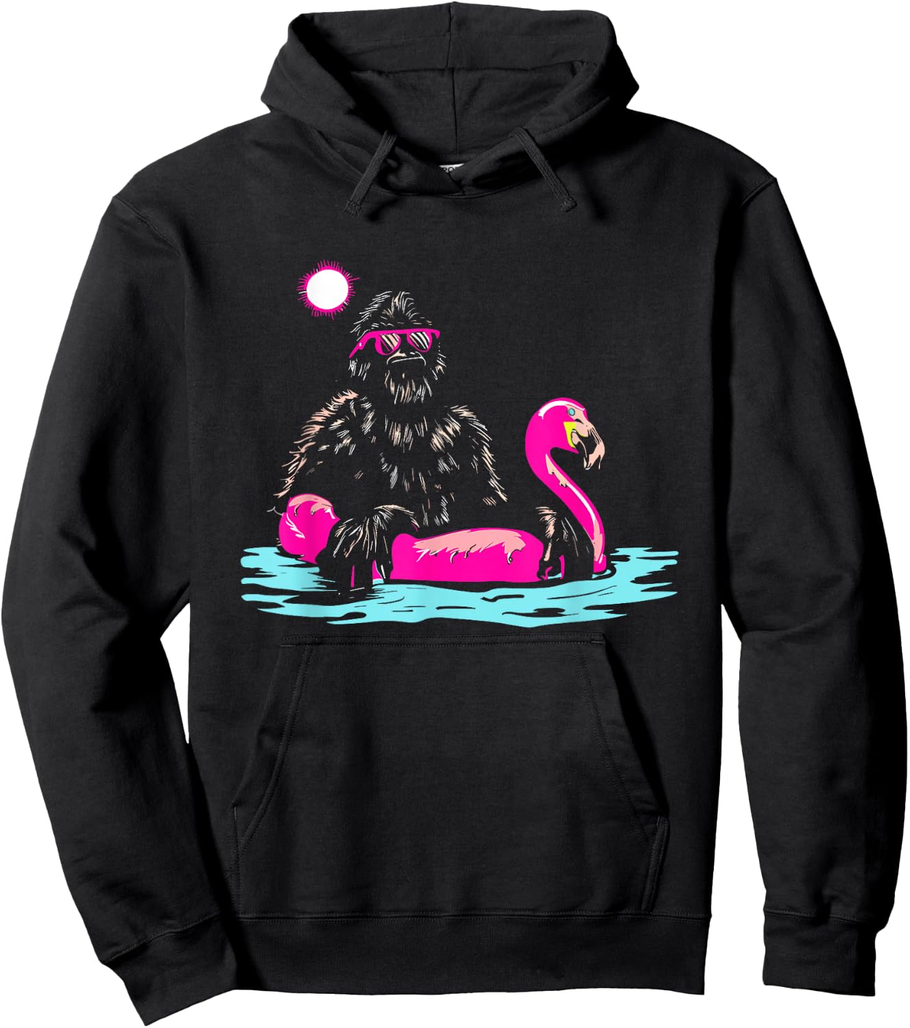 Bigfoot Pool Party Flamingo - Funny Sasquatch Pink Float Hoodie - Hoodie | Black