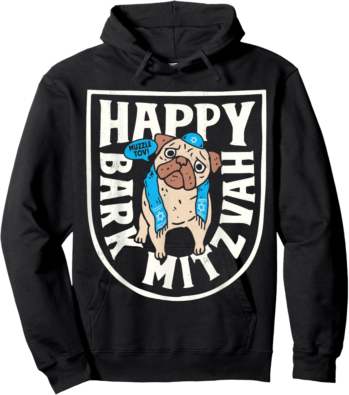 Hanukkah Pug Happy Bark Mitzvah Funny Jewish Chanukah Dog Hoodie - Hoodie | Black