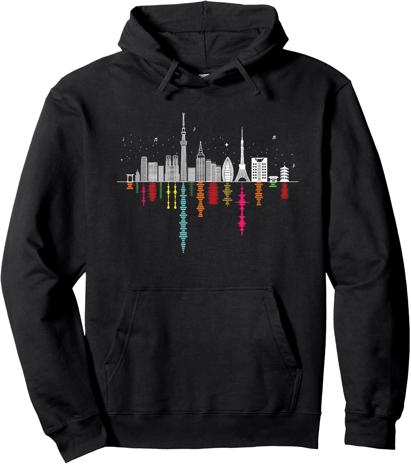 Tokyo Japan Night Skyline - Music & Sound Wave Reflections Hoodie - Hoodie | Black
