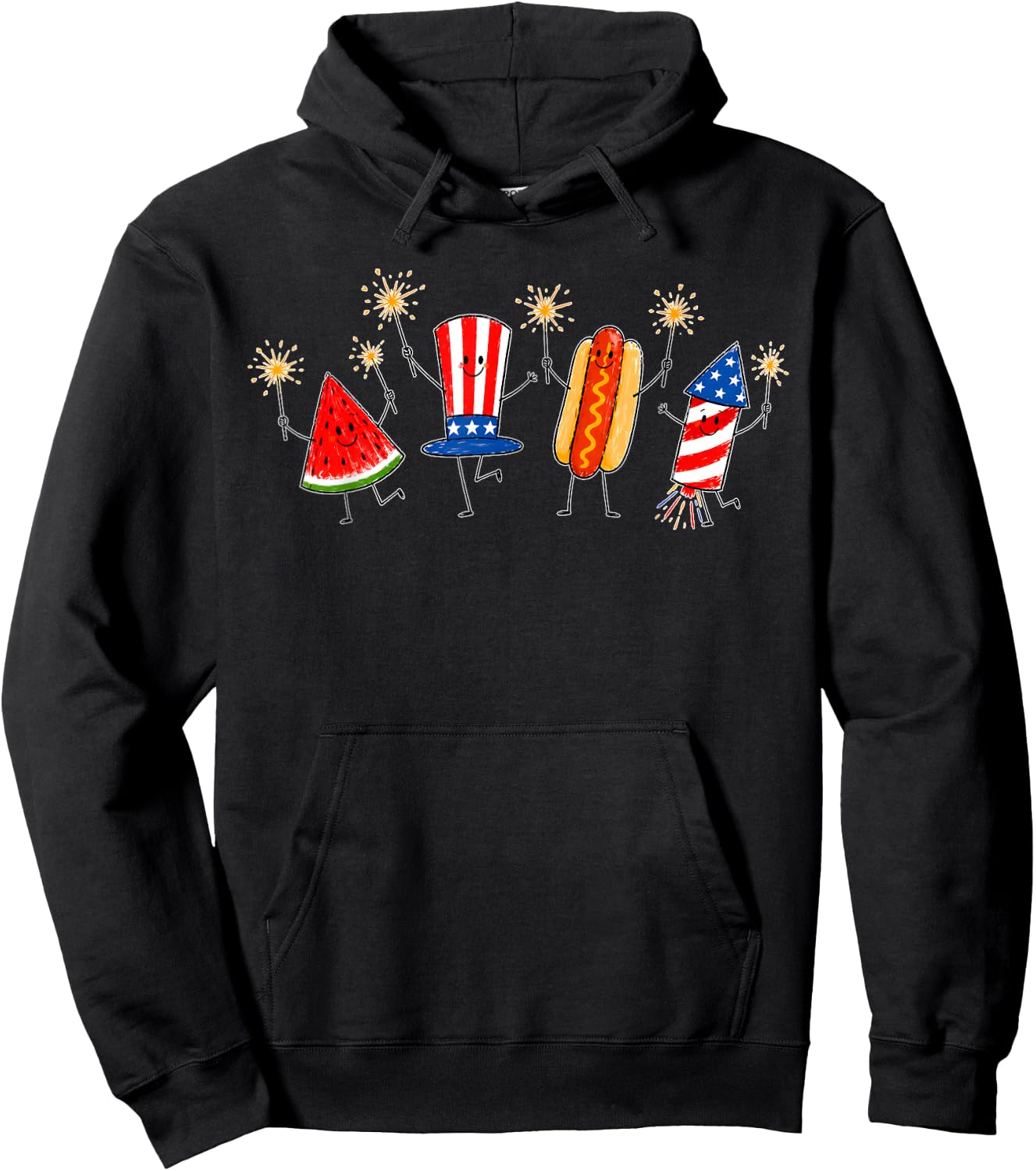 Fourth of July Patriotic Doodle Watermelon Hotdog Firework Hoodie - Hoodie | Black