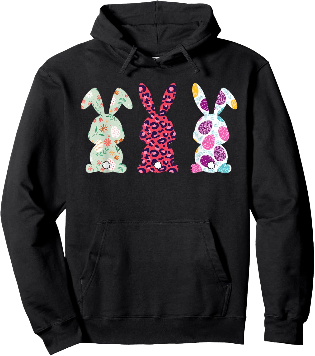 Cute Pink Leopard Eggs Flower Happy Easter Bunny Rabbit Hoodie - Hoodie | Black