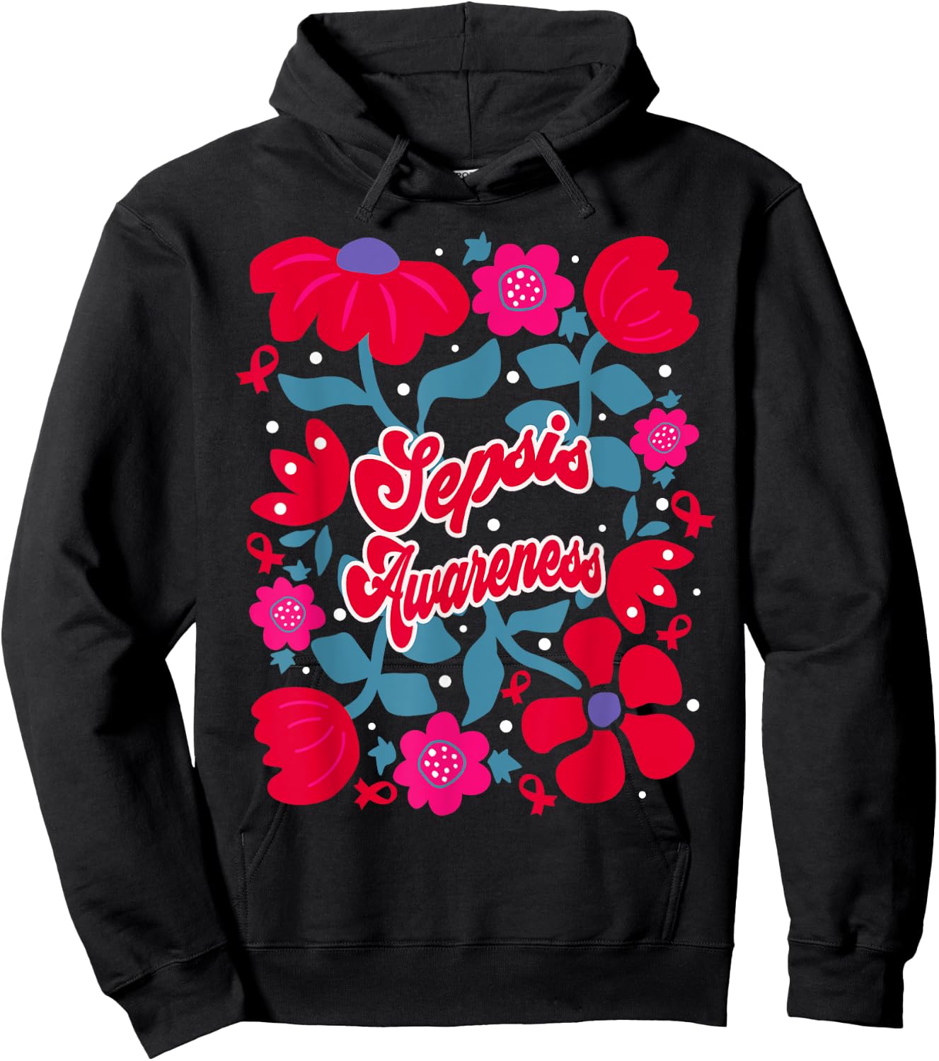 Sepsis Awareness Groovy Red Boho Flower Art Ribbon Hoodie - Hoodie | Black