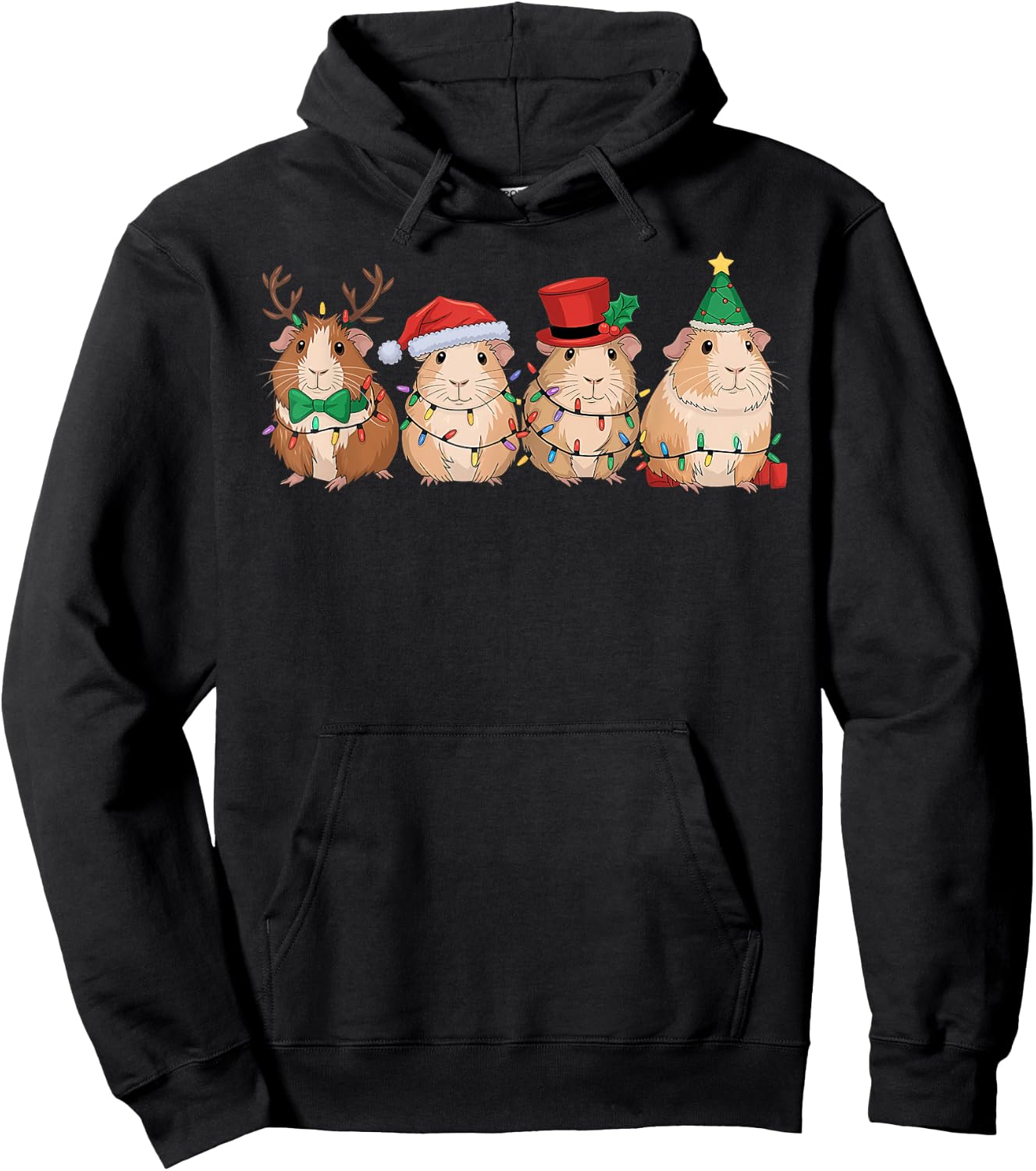Merry Pigmas Cute Santa Guinea Pig Squad Christmas Lights Hoodie - Hoodie | Black
