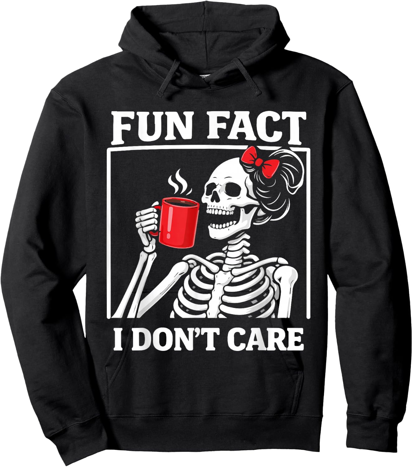 Fun Fact I Don't Care Skeleton Girl Coffee Red Bow Hoodie - Hoodie | Black