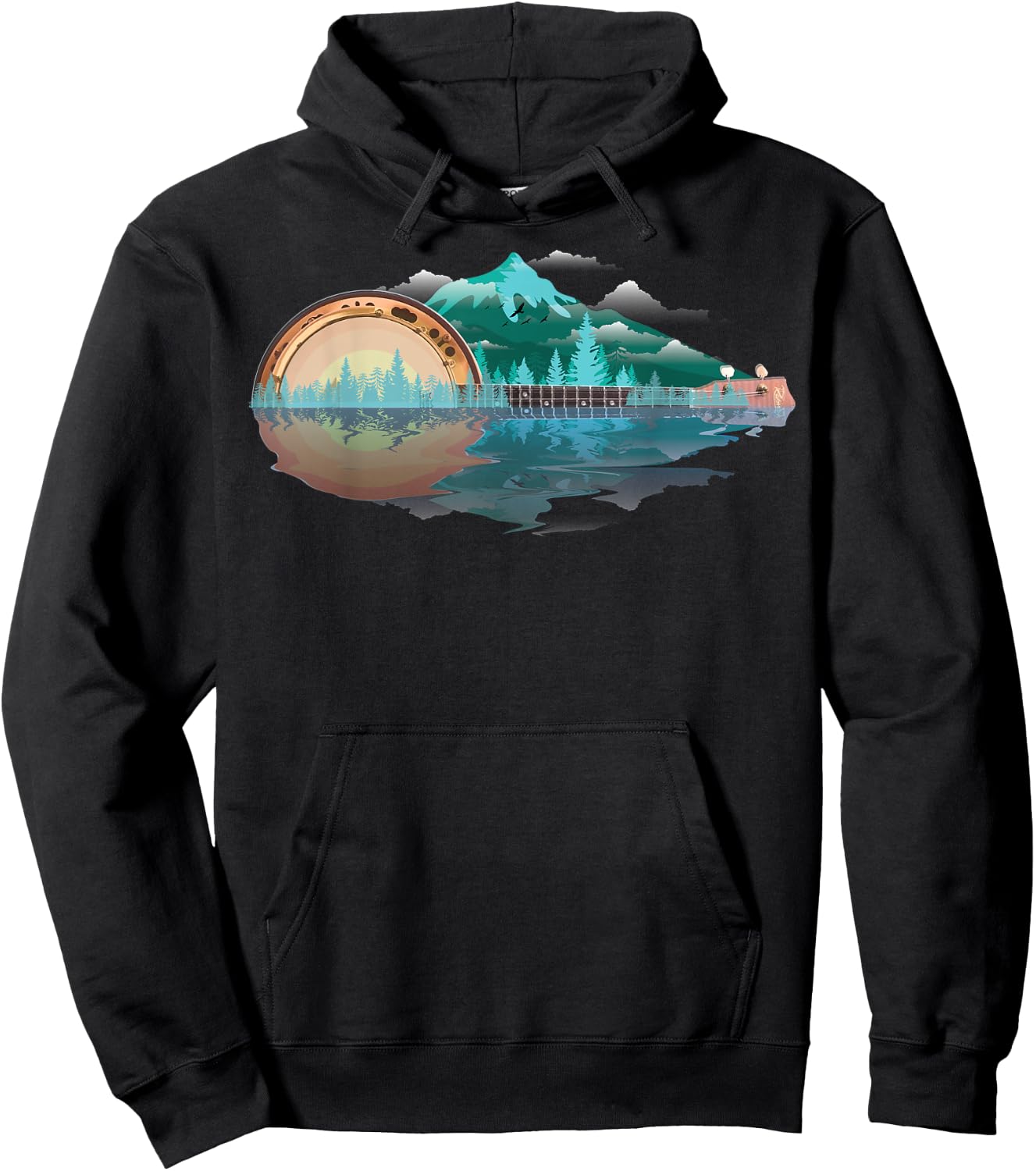 Cool Retro Banjo Mountains & Sun | Funny Bluegrass Fan Gift Hoodie - Hoodie | Black