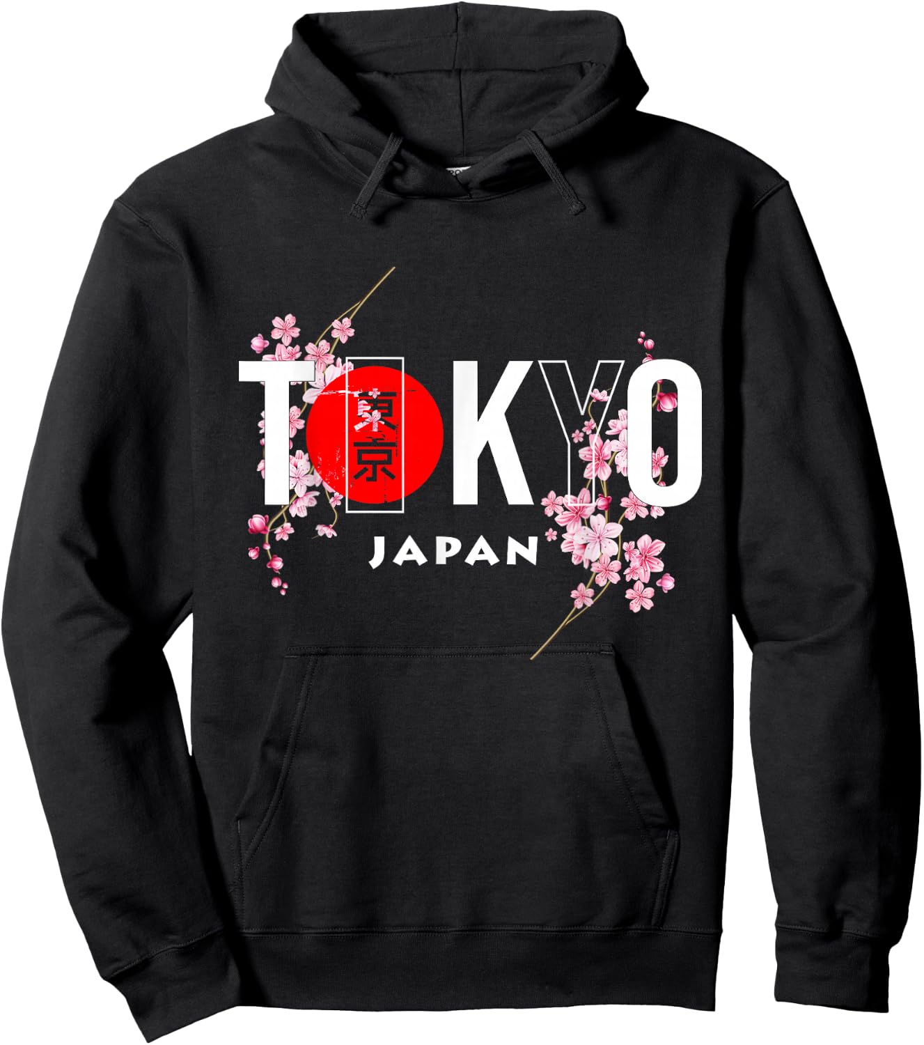Tokyo & Japan Text with Calligraphy Insert + Sakura Flowers Hoodie - Hoodie | Black