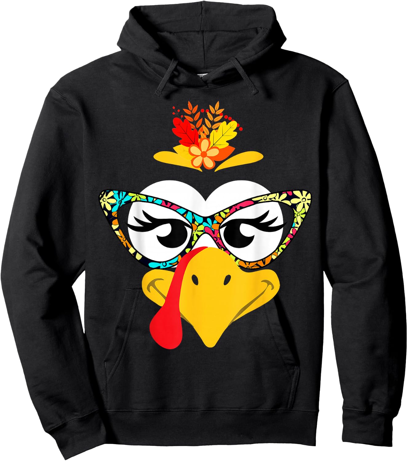 Thanksgiving Funny Turkey Face Colorful Floral Sunglasses Hoodie - Hoodie | Black