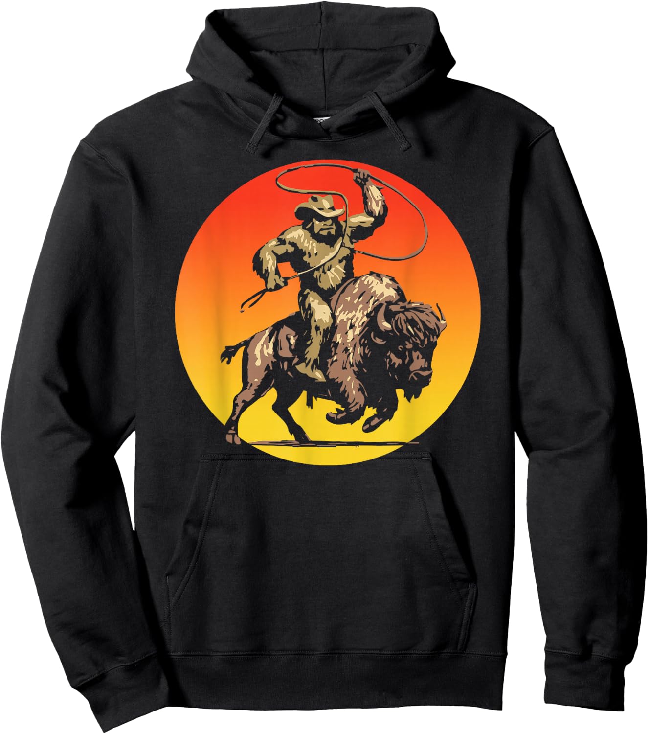 Sasquatch on a Bison Bigfoot Buffalo Outdoor Western Hoodie - Hoodie | Black