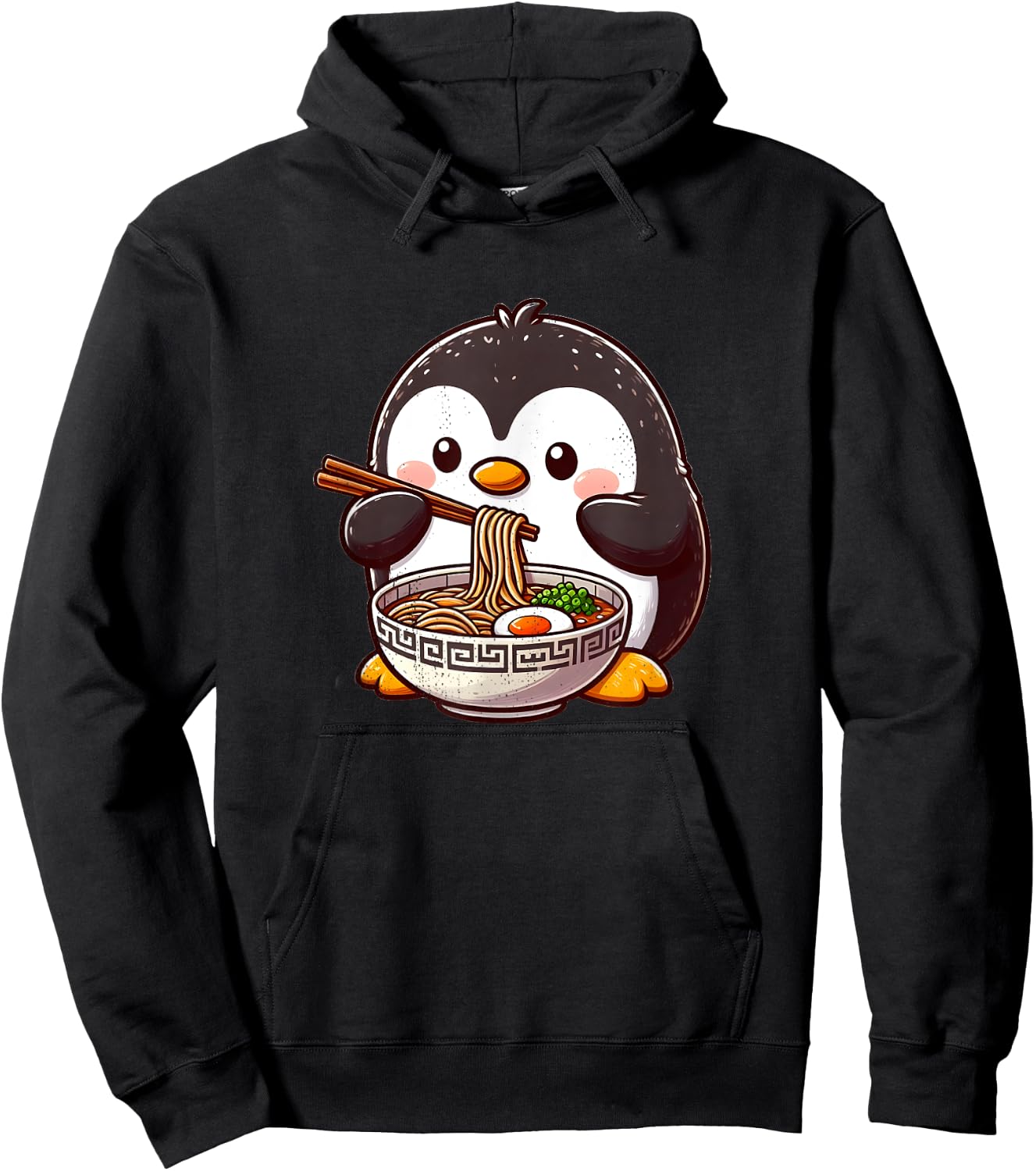Cute Penguin Eating Ramen With Chopsticks , Black, S Hoodie - Hoodie | Black