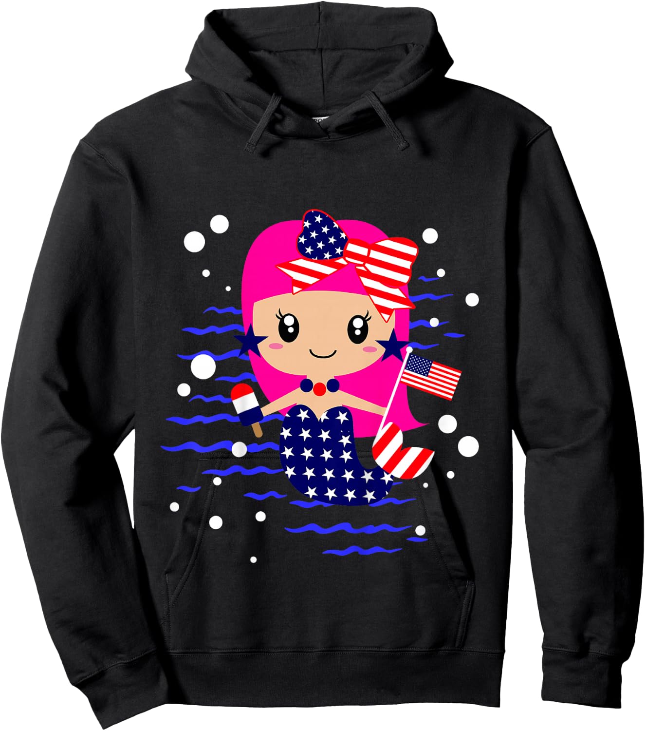 Girls 4th of July Cute Mermaid Toddler Patriotic Baby Flag Hoodie - Hoodie | Black