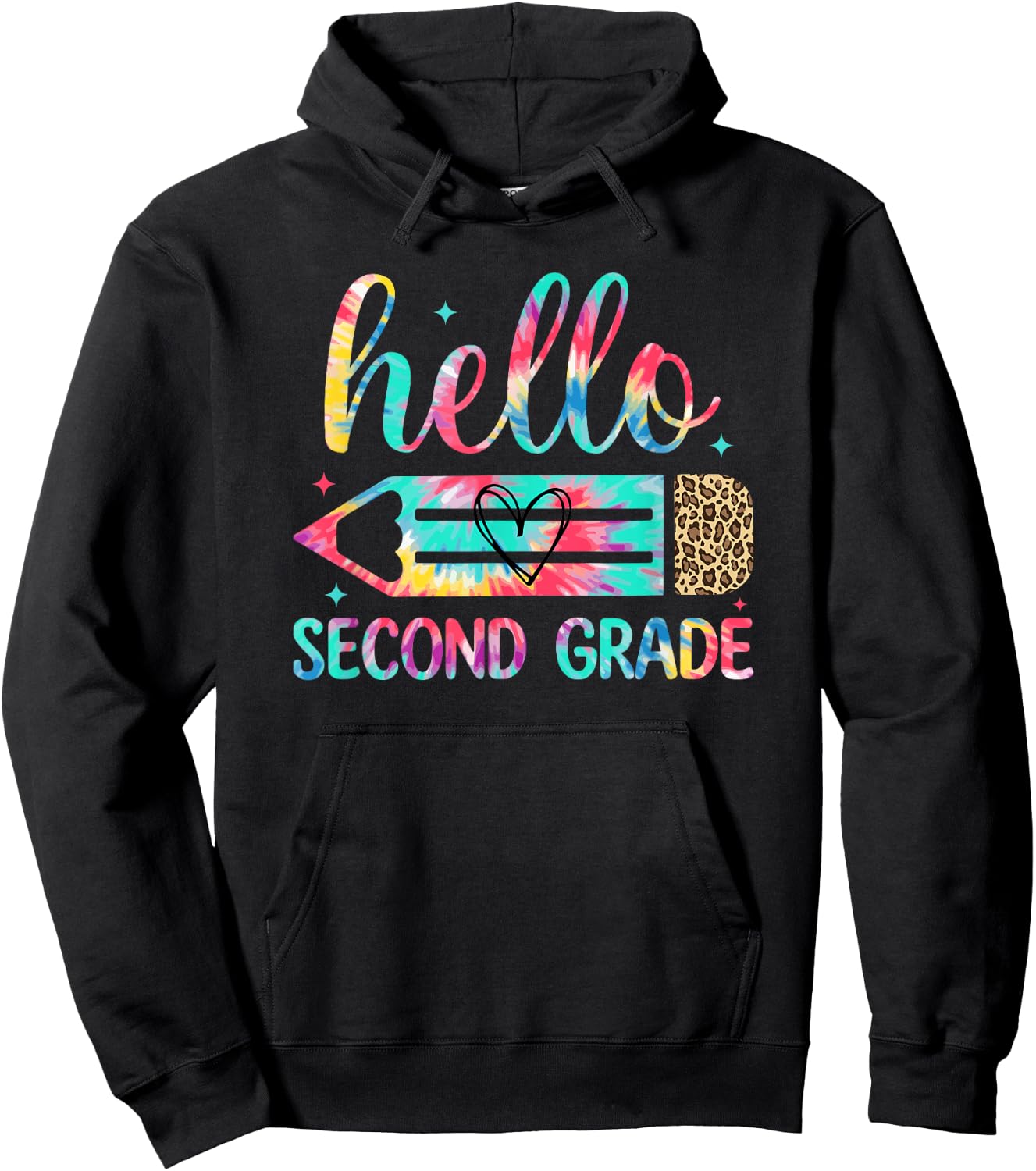 Back to School Hello Second 2nd Grade Leopard Tie Dye Pencil Hoodie - Hoodie | Black