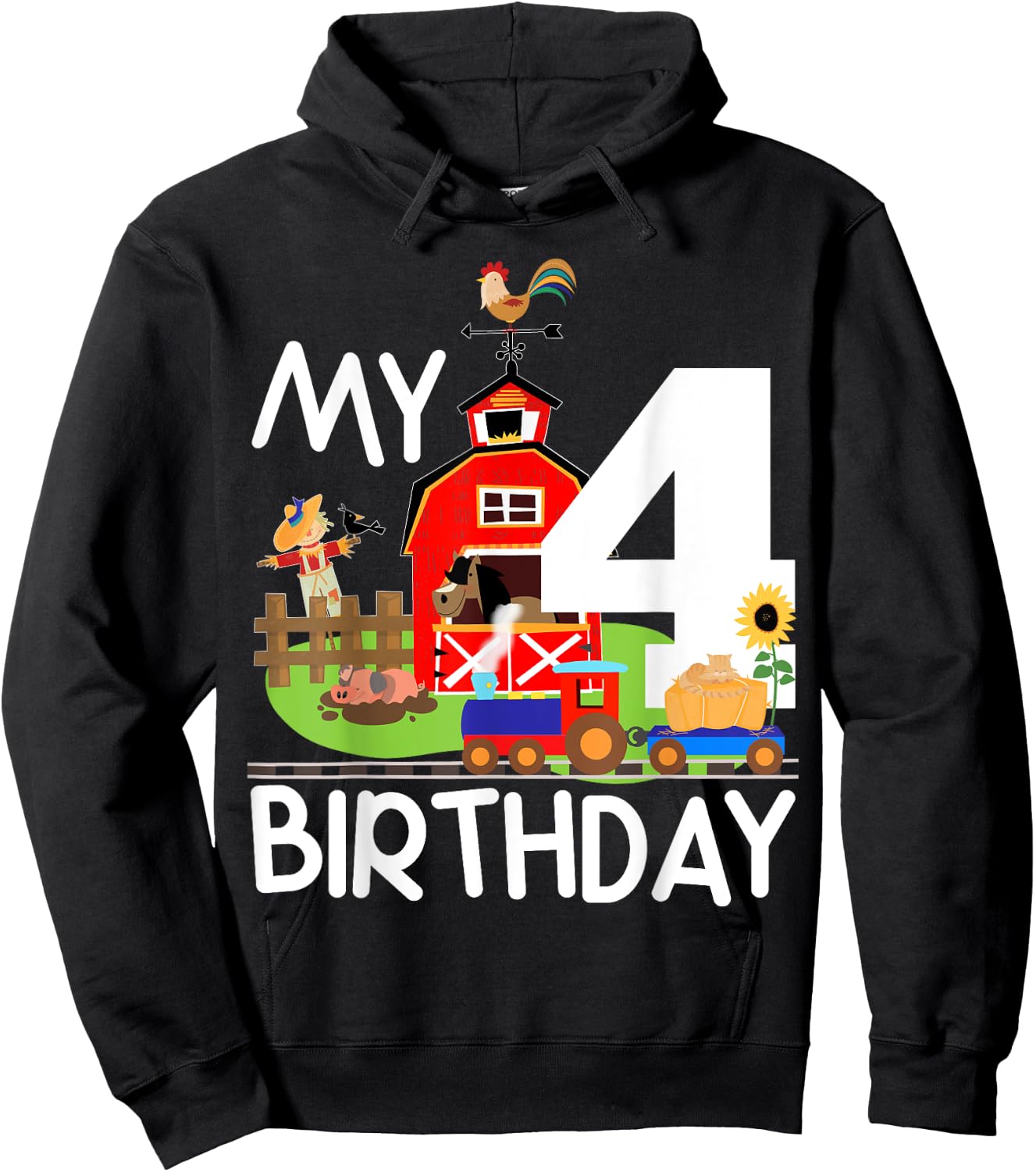 4th Birthday Farm Birthday Train Party Cow Pig Horse Chicken Hoodie - Hoodie | Black