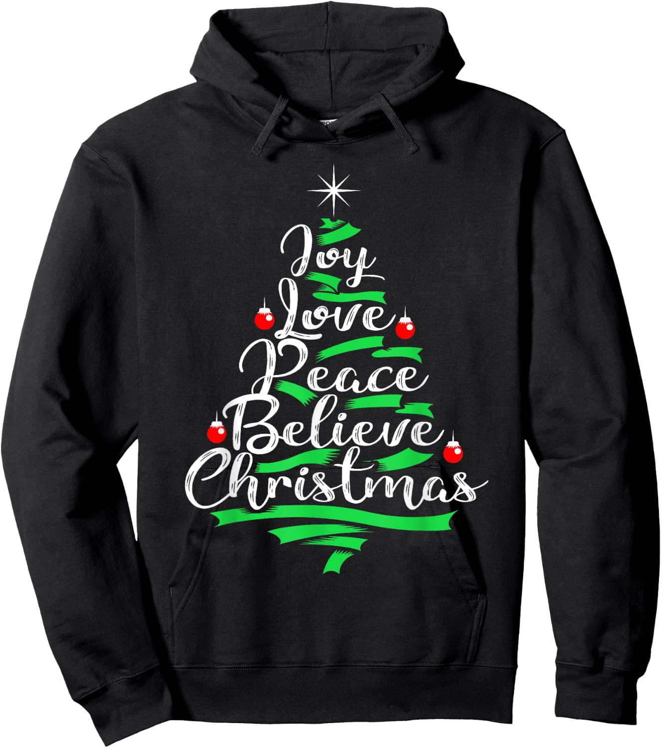 Joy Love Peace Believe Christmas Tree Design Hoodie - Hoodie | Black