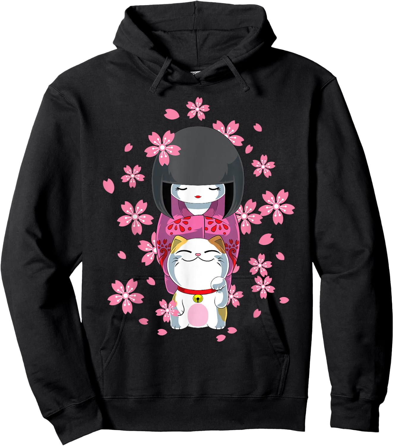 Japanese Kawaii Kokeshi and Cat Lucky Charm , Black Hoodie - Hoodie | Black