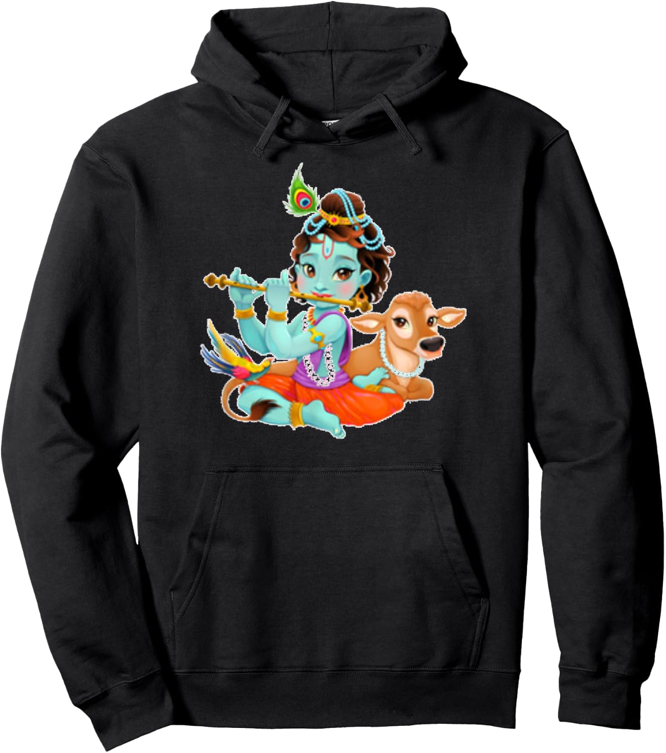 Hindu God Lord Shri Krishna with Cow and Bird Hoodie - Hoodie | Black