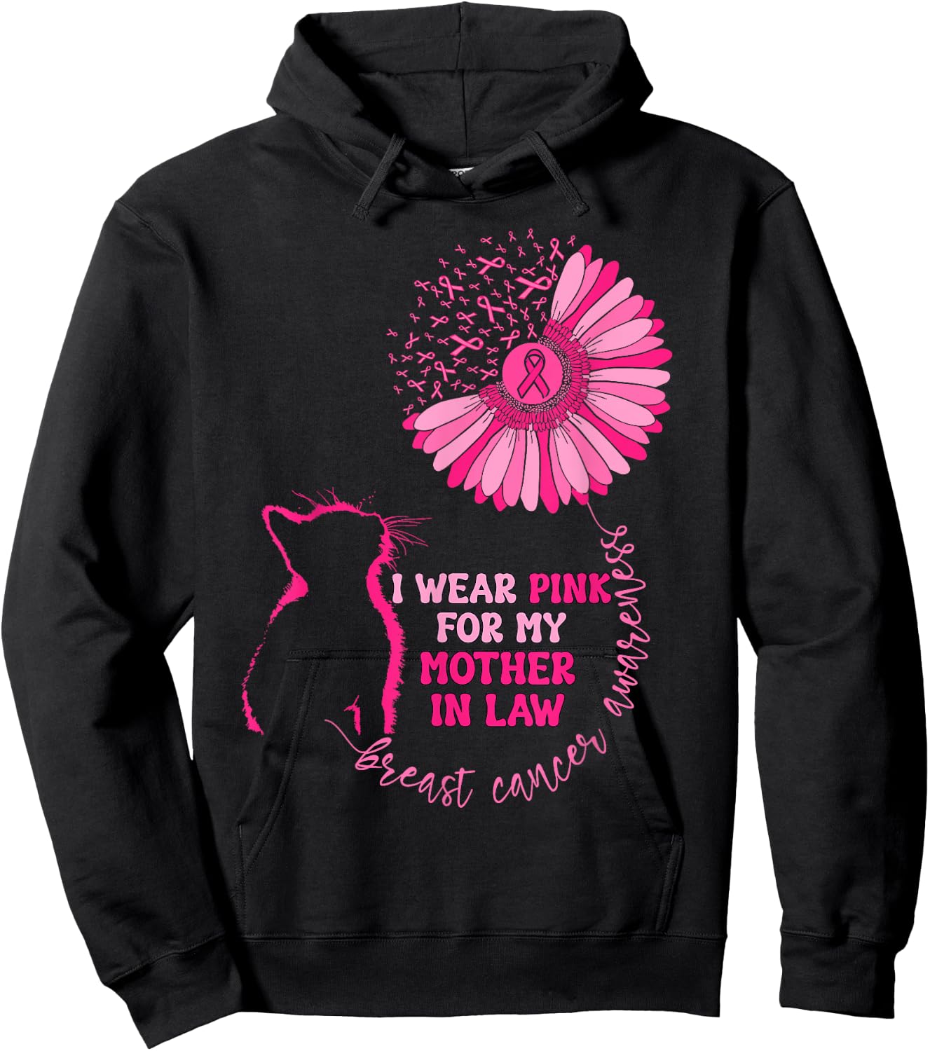 I Wear Pink For My Mother In Law Breast Cancer Awareness Cat Women Kids Hoodie - Hoodie | Black